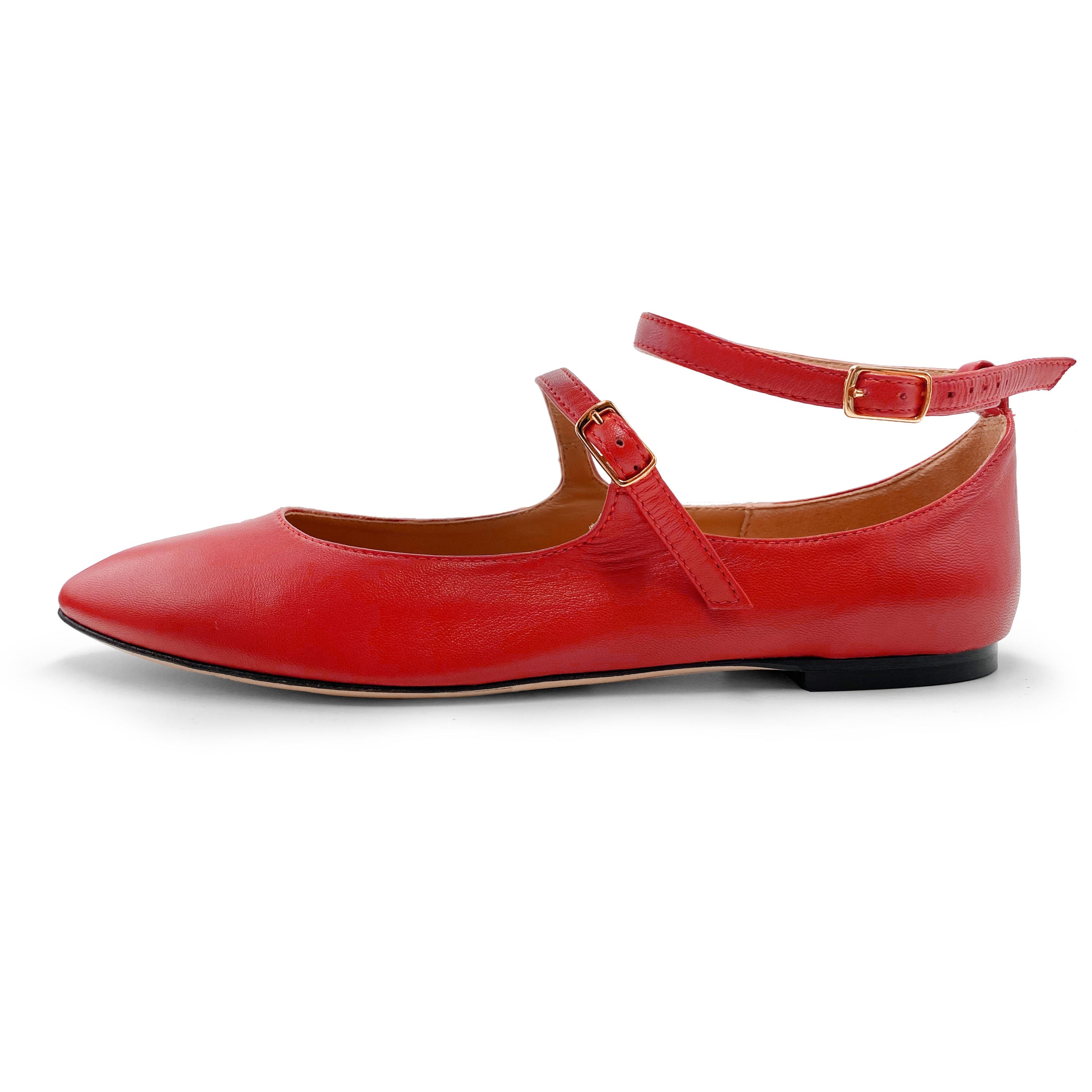 Coral red Mary Jane ballet flats with straps