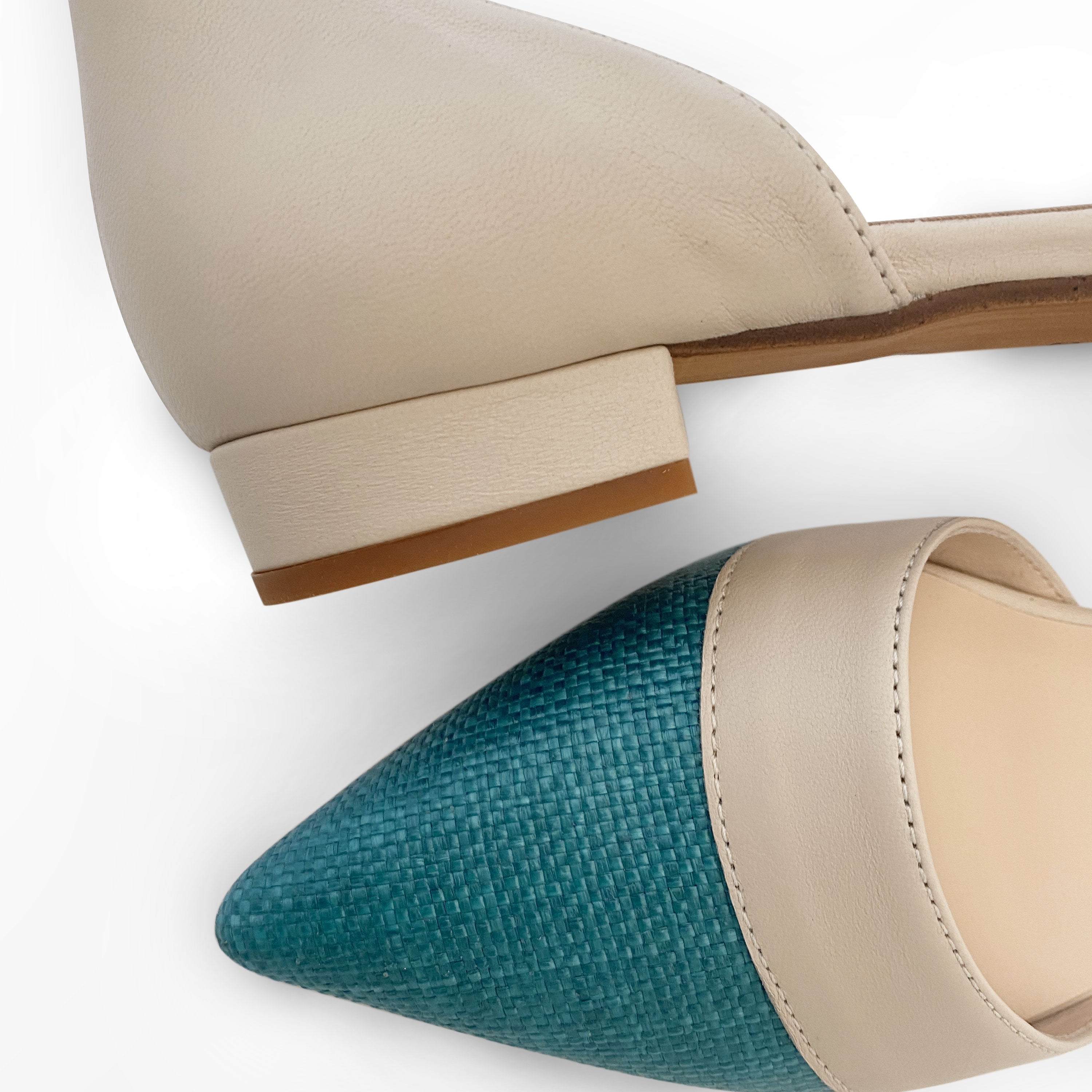 Teal jute d'Orsay ballet flats with beige leather details