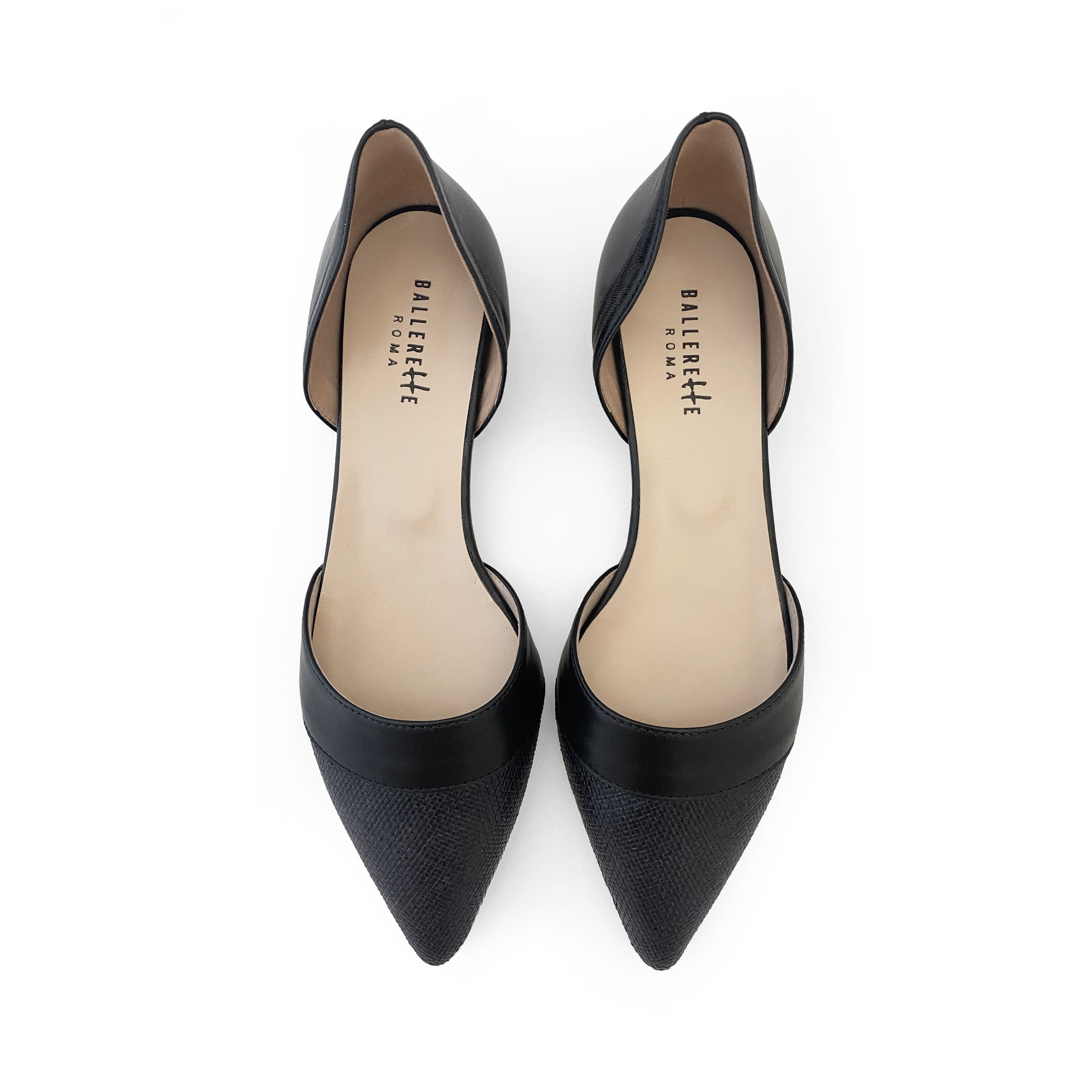Black jute d'Orsay ballet flats with black leather details