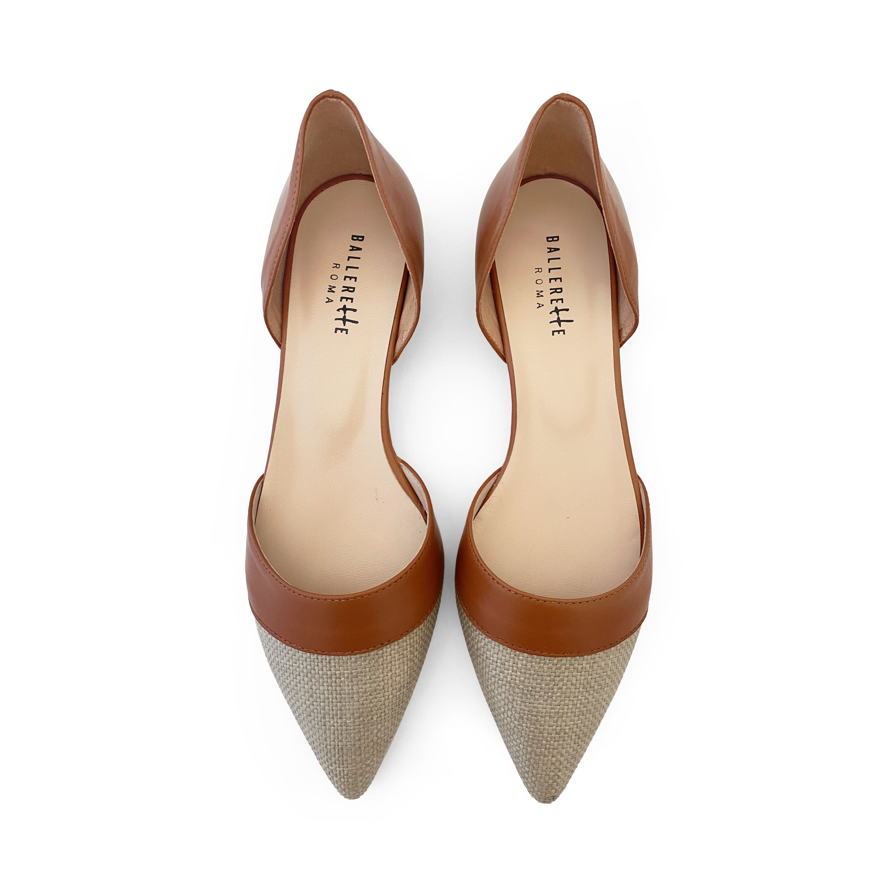 Beige jute d'Orsay ballet flats with brick leather details