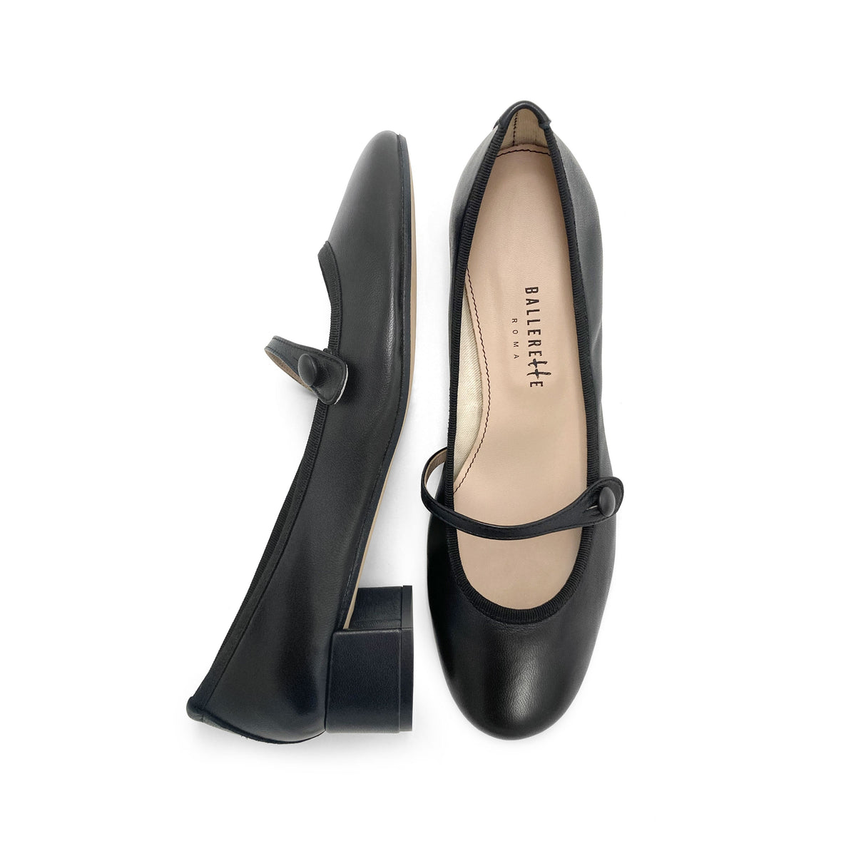 Black leather Mary Jane ballet flats with strap and heel