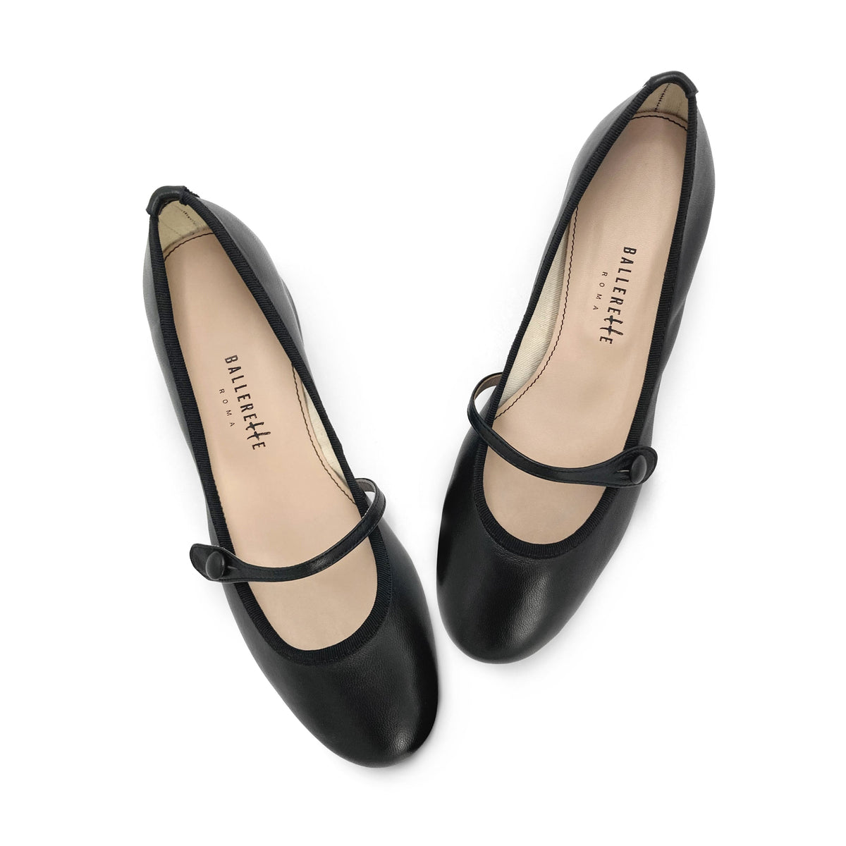 Black leather Mary Jane ballet flats with strap and heel