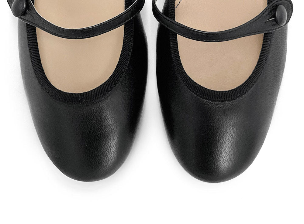 Black leather Mary Jane ballet flats with strap and heel