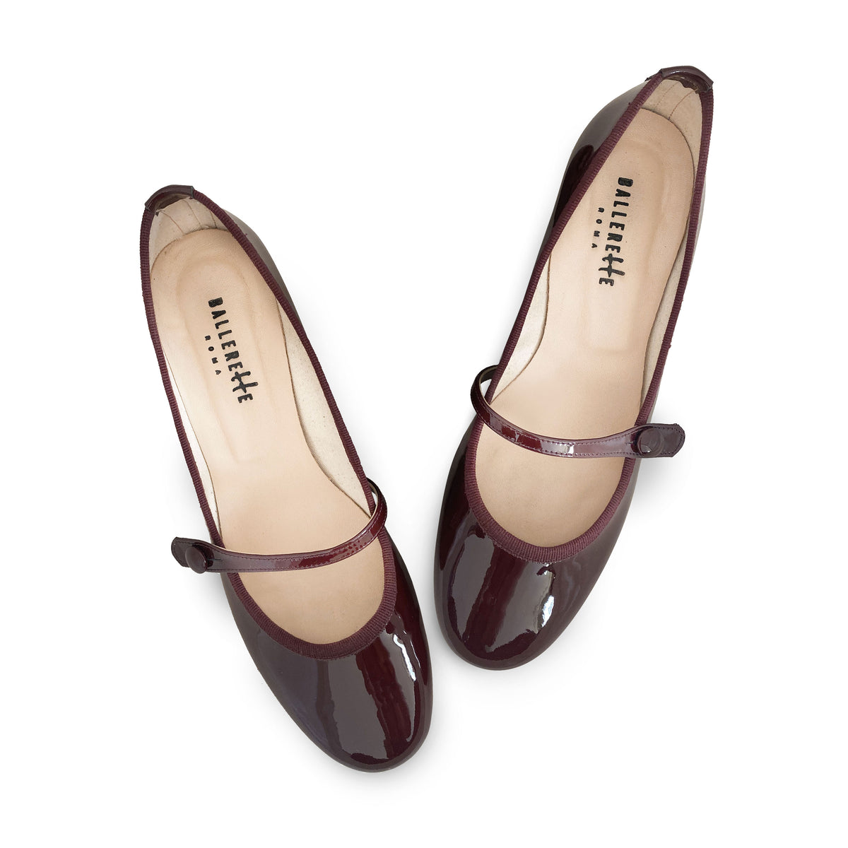 Burgundy patent leather Mary Jane ballet flats with strap and heel
