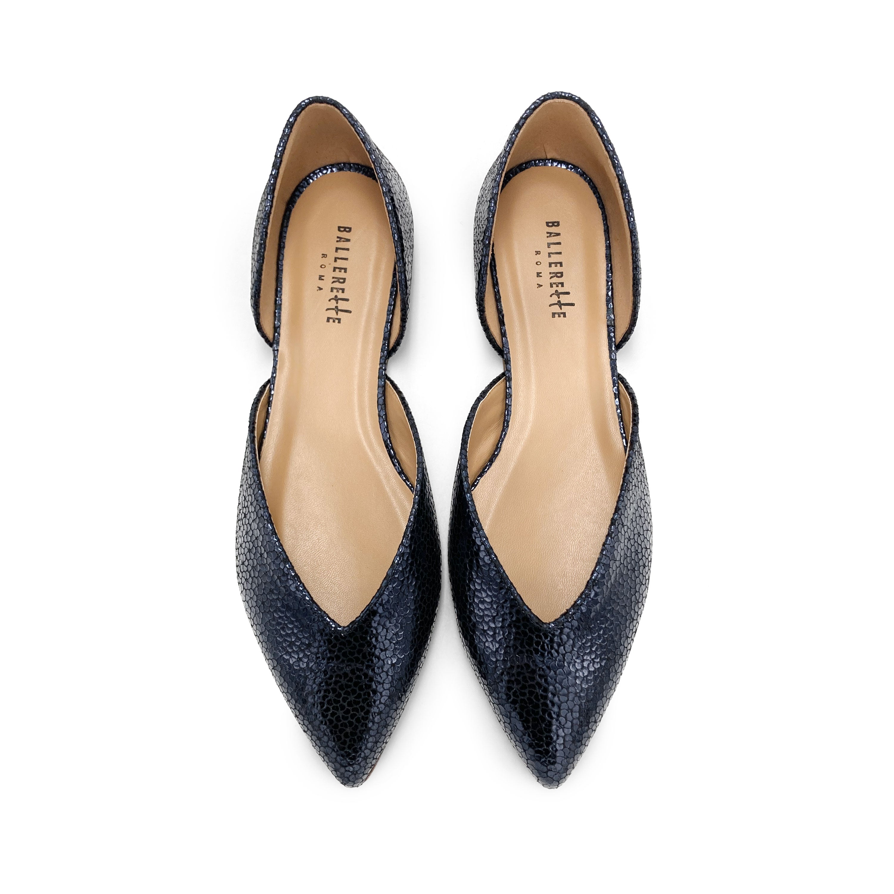 Open blue laminated ballet flats