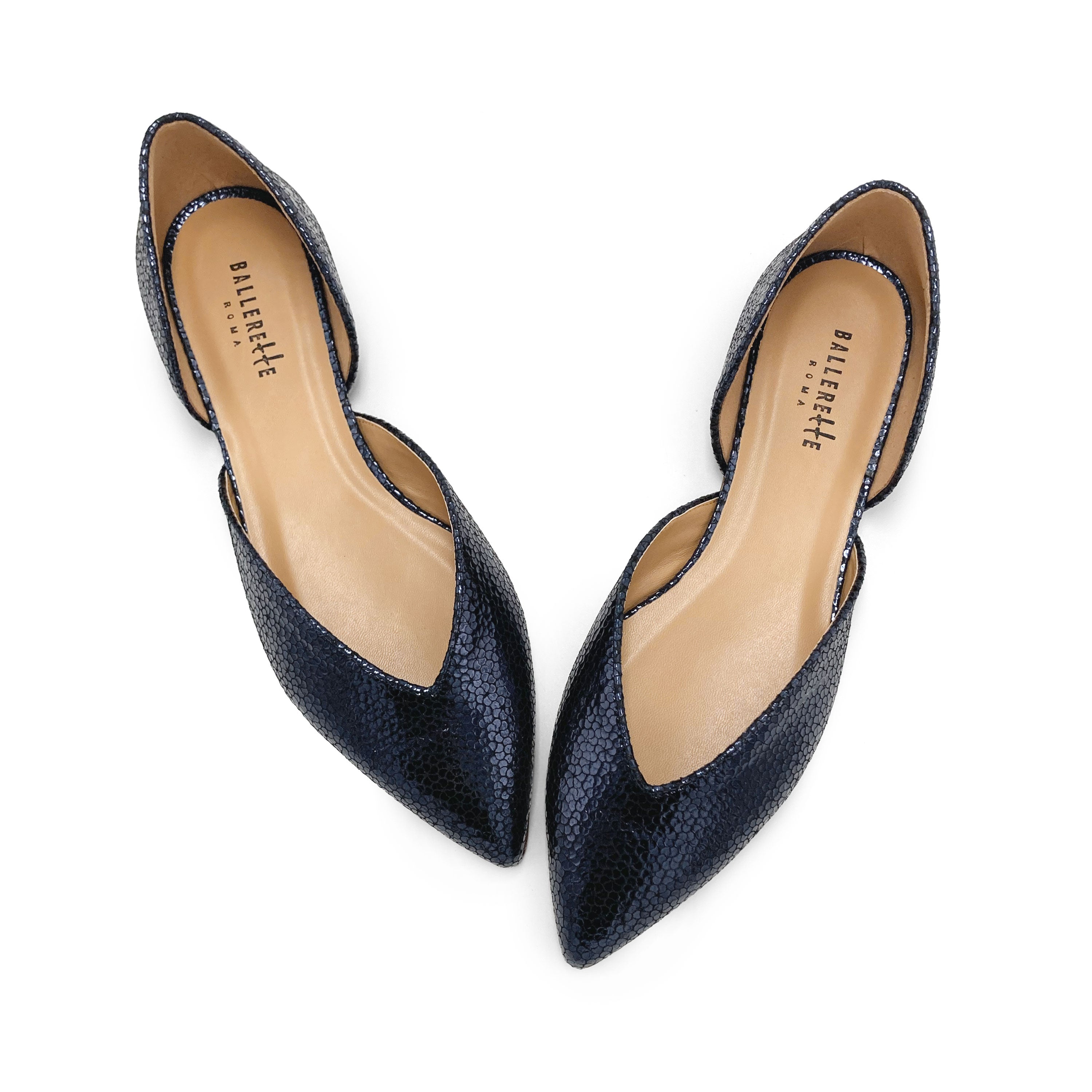 Open blue laminated ballet flats