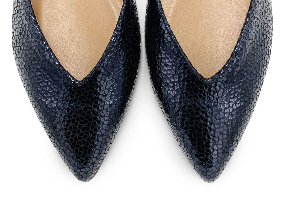 Open blue laminated ballet flats