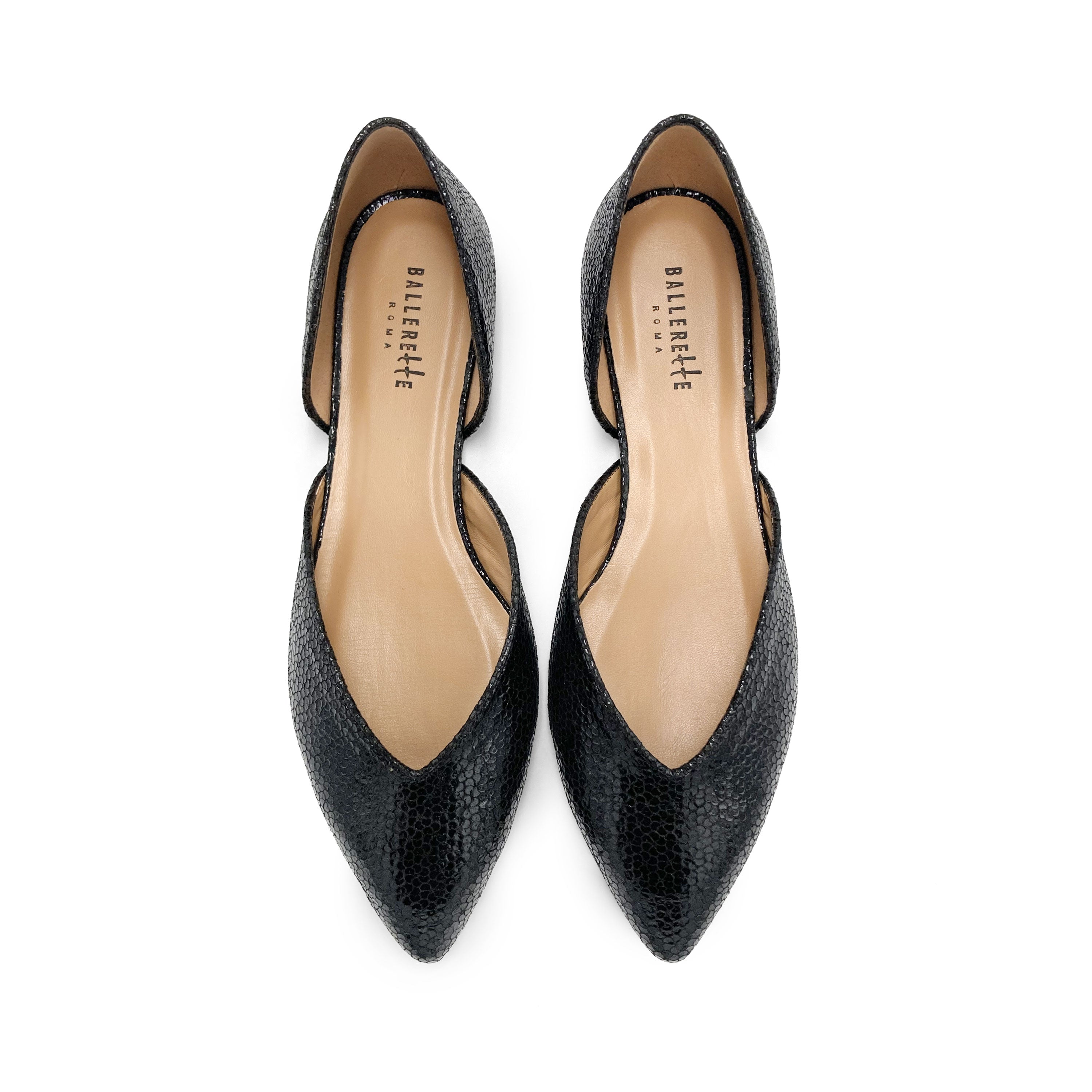 Open black laminated ballet flats