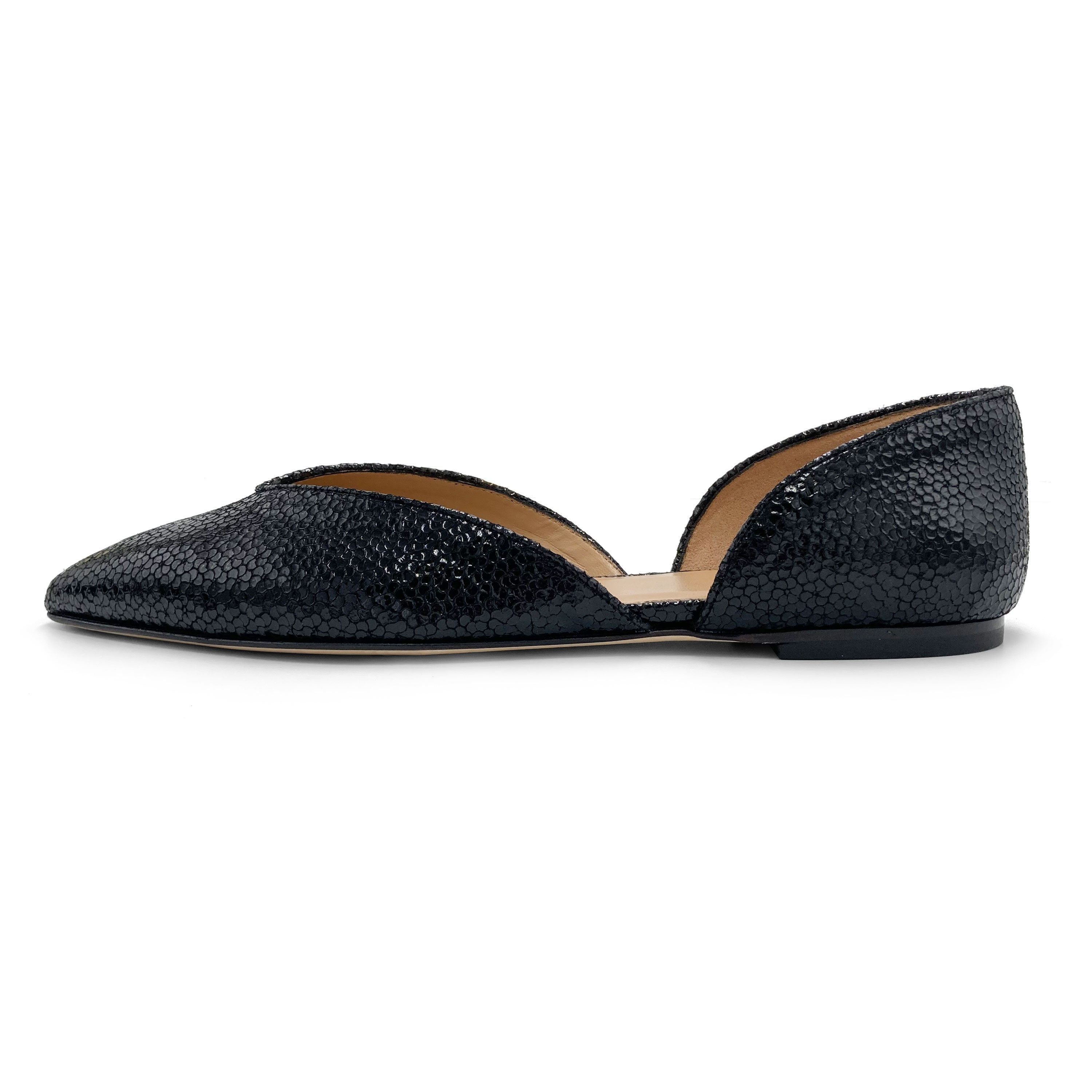 Open black laminated ballet flats