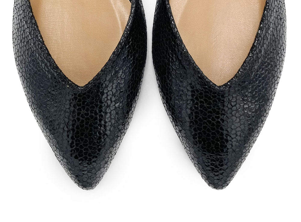 Open black laminated ballet flats