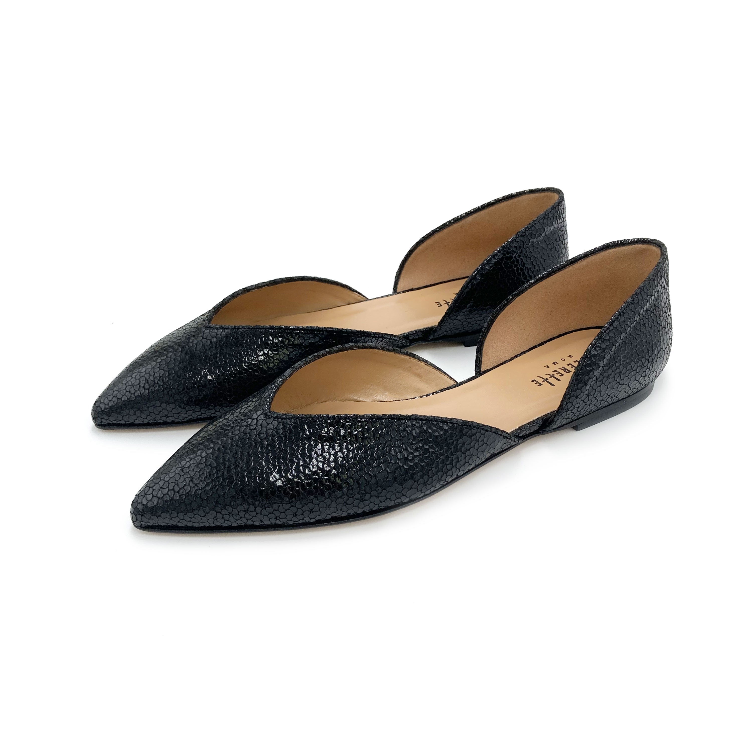 Open black laminated ballet flats