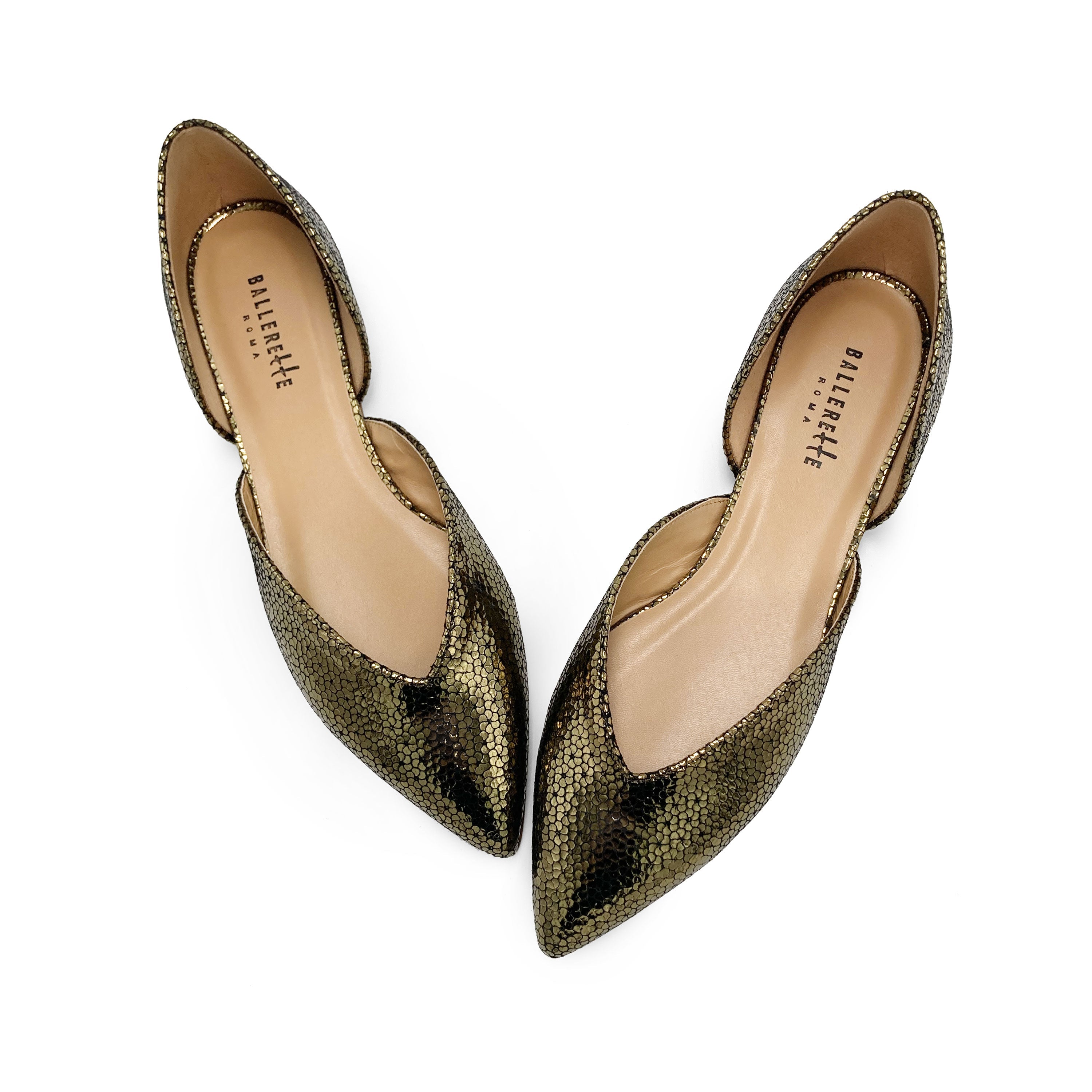 Open bronze laminated ballet flats