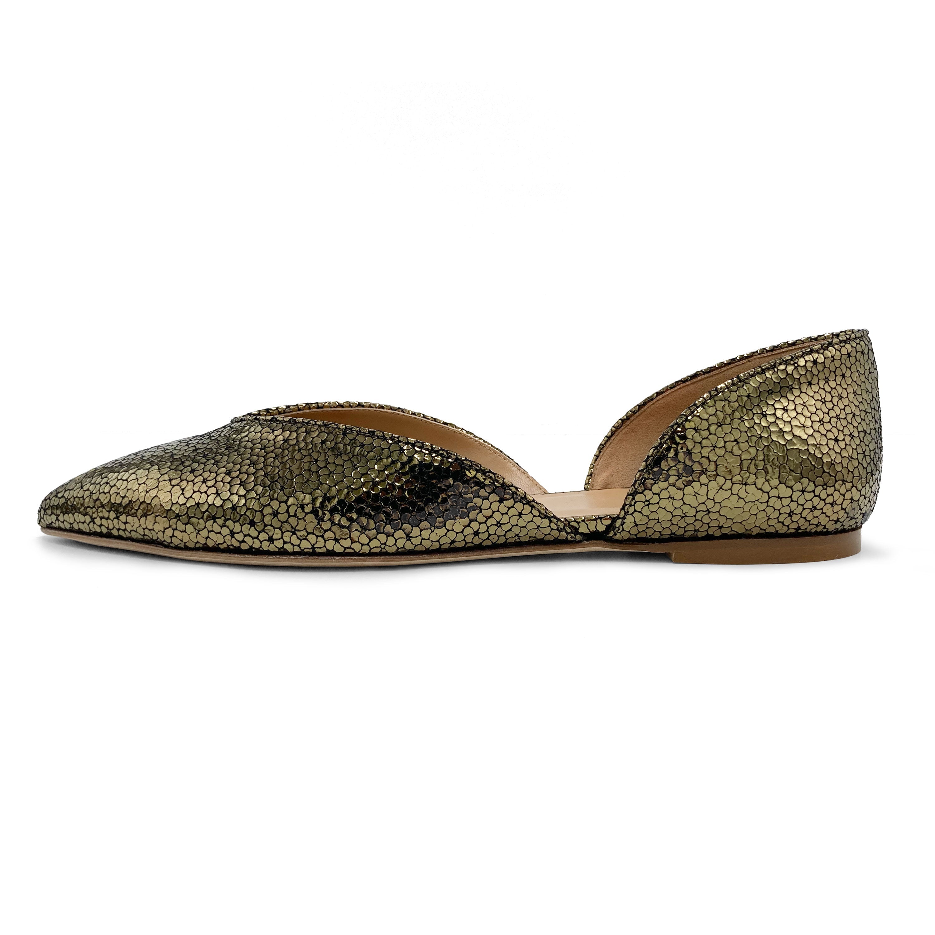 Open bronze laminated ballet flats