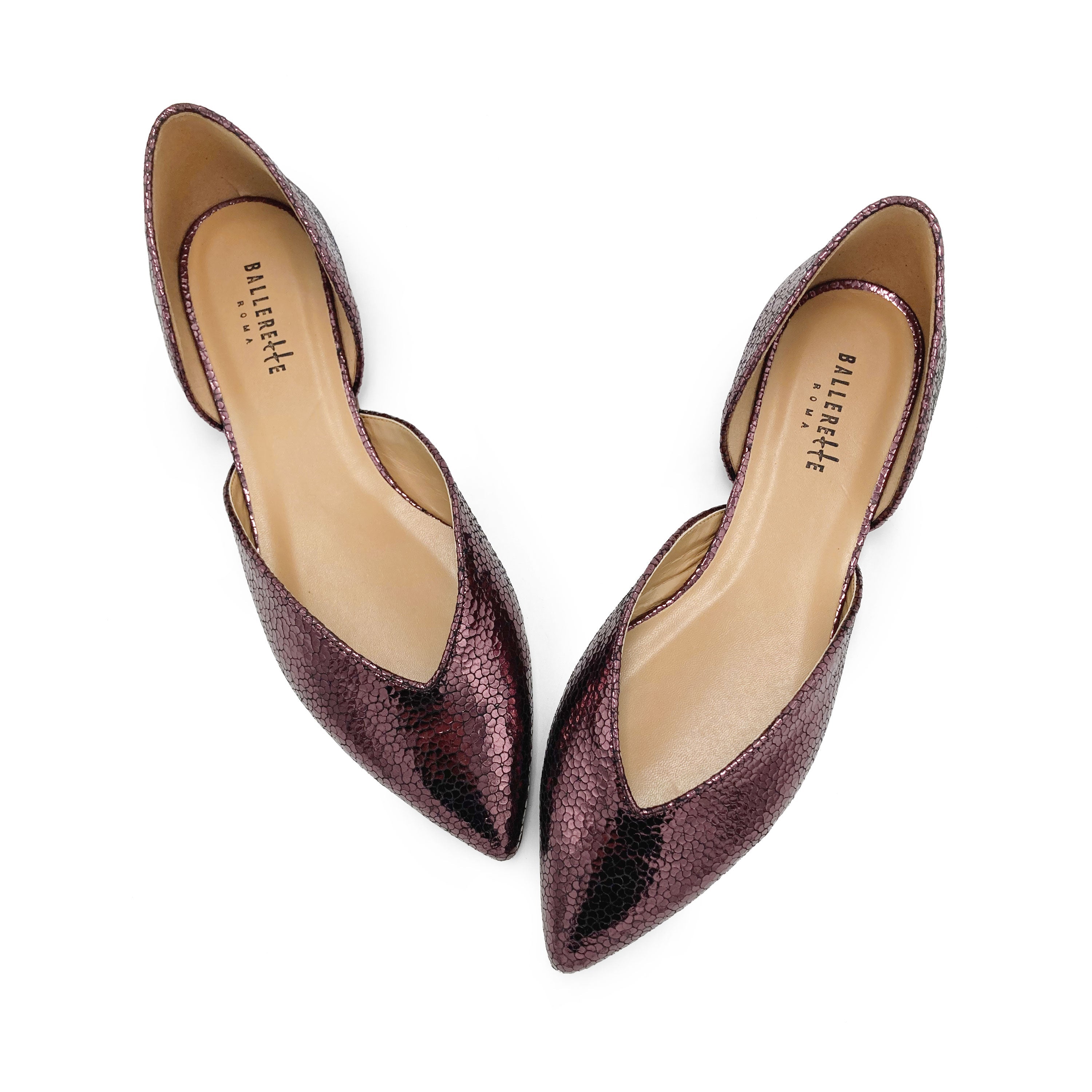 Open plum purple laminated ballet flats