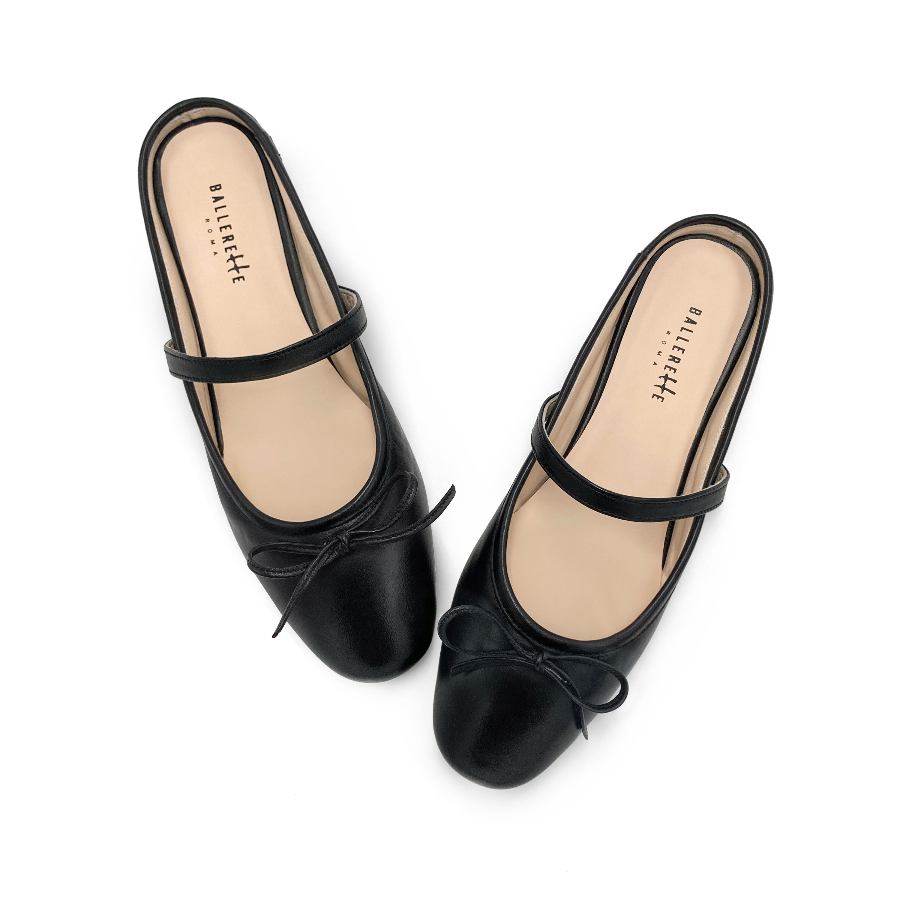 Black leather mule ballet flats with handcrafted sacchetto construction