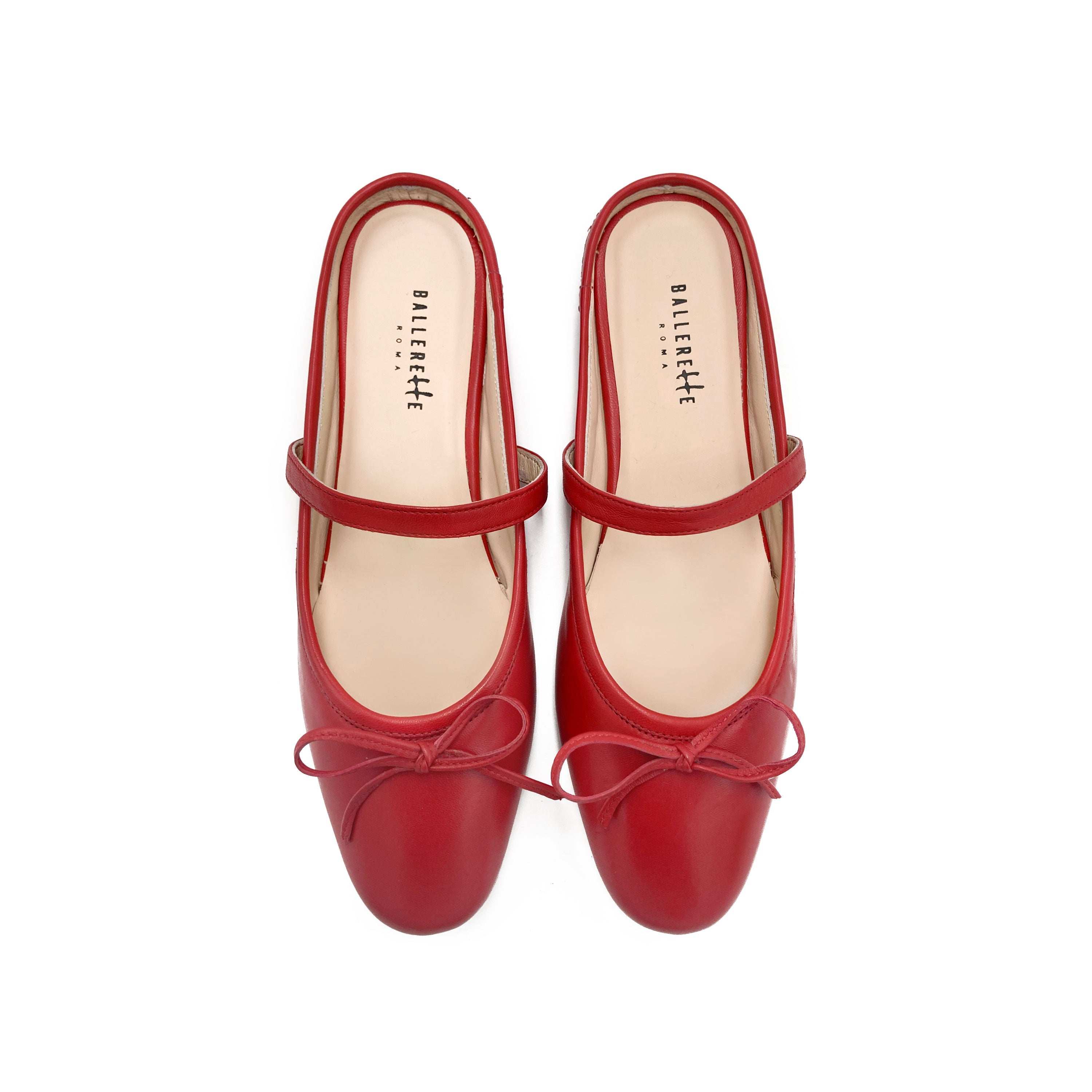 Red leather mule ballet flats with handcrafted sacchetto construction