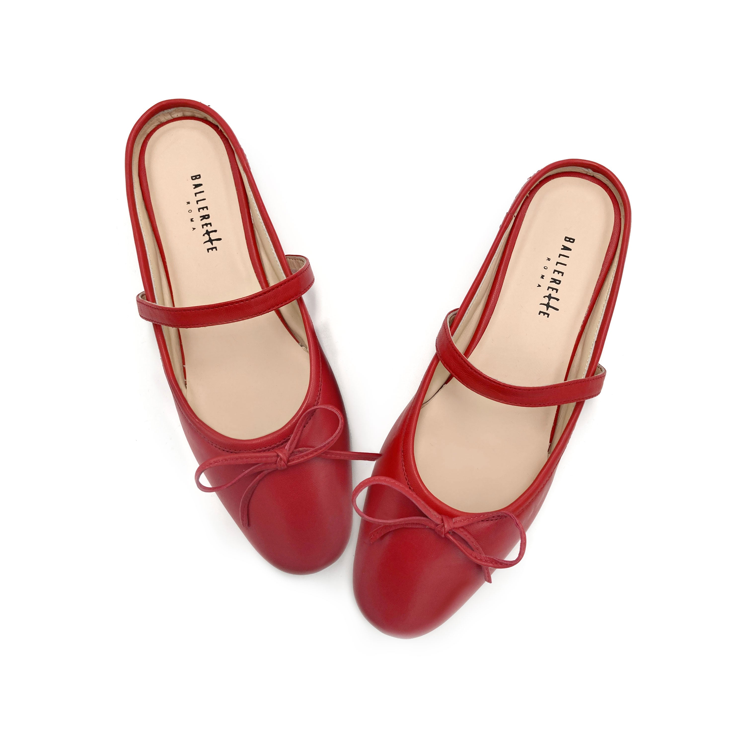 Red leather mule ballet flats with handcrafted sacchetto construction