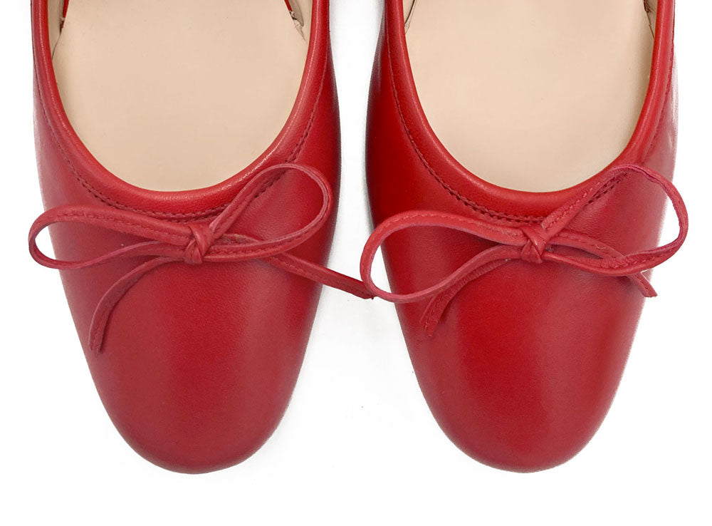 Red leather mule ballet flats with handcrafted sacchetto construction