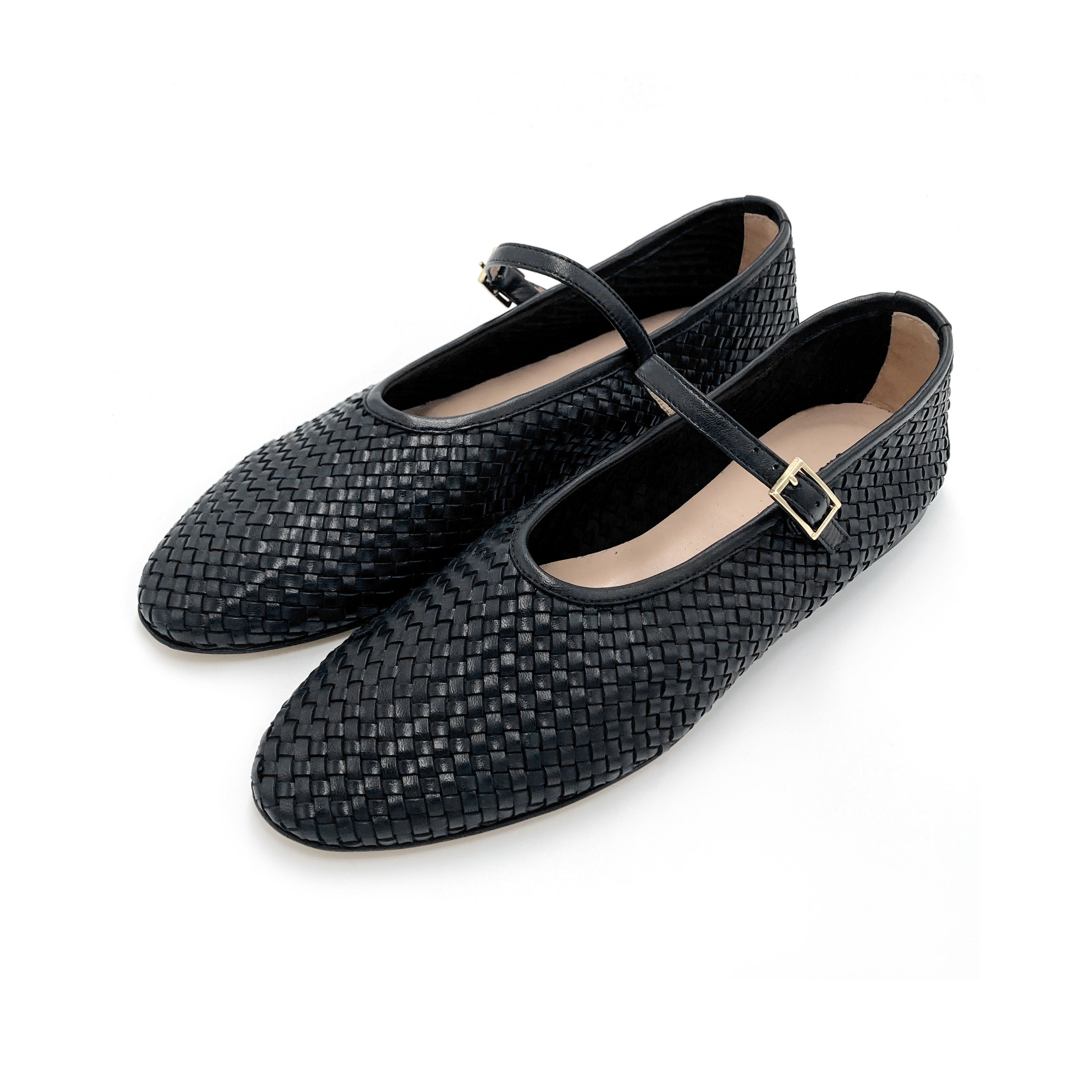 Black high cut handwoven leather ballet flats with strap