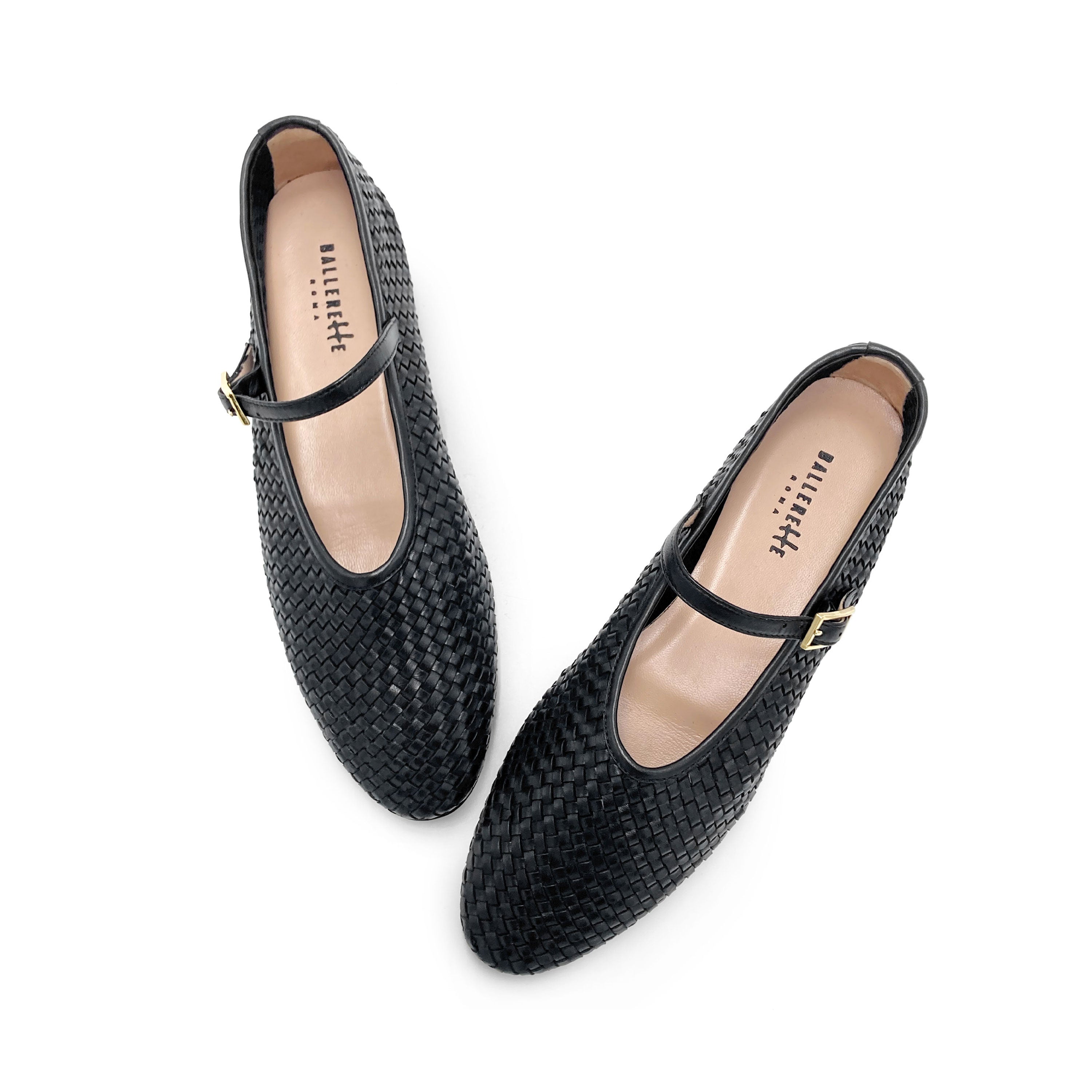 Black high cut handwoven leather ballet flats with strap