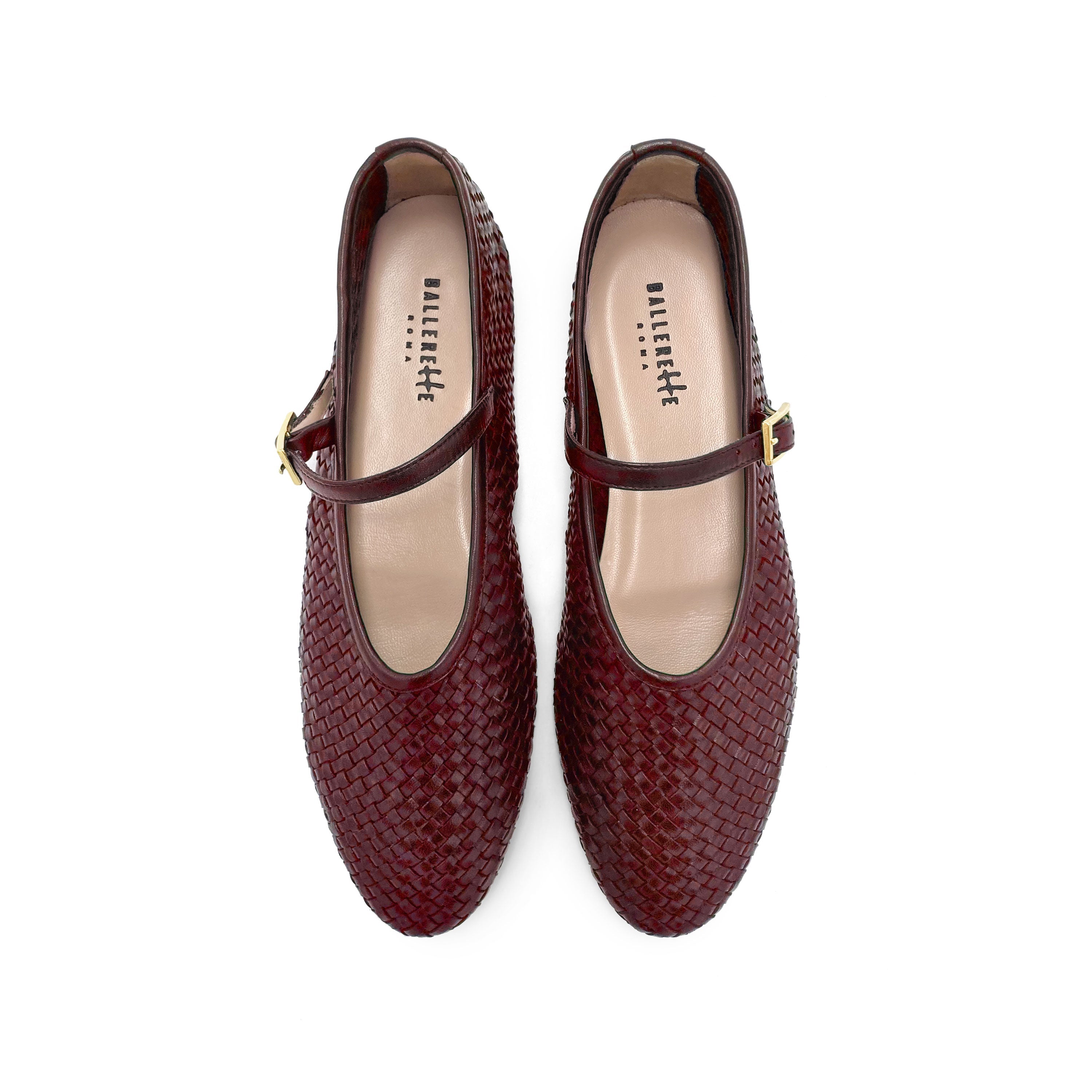 Burgundy high cut handwoven leather ballet flats with strap