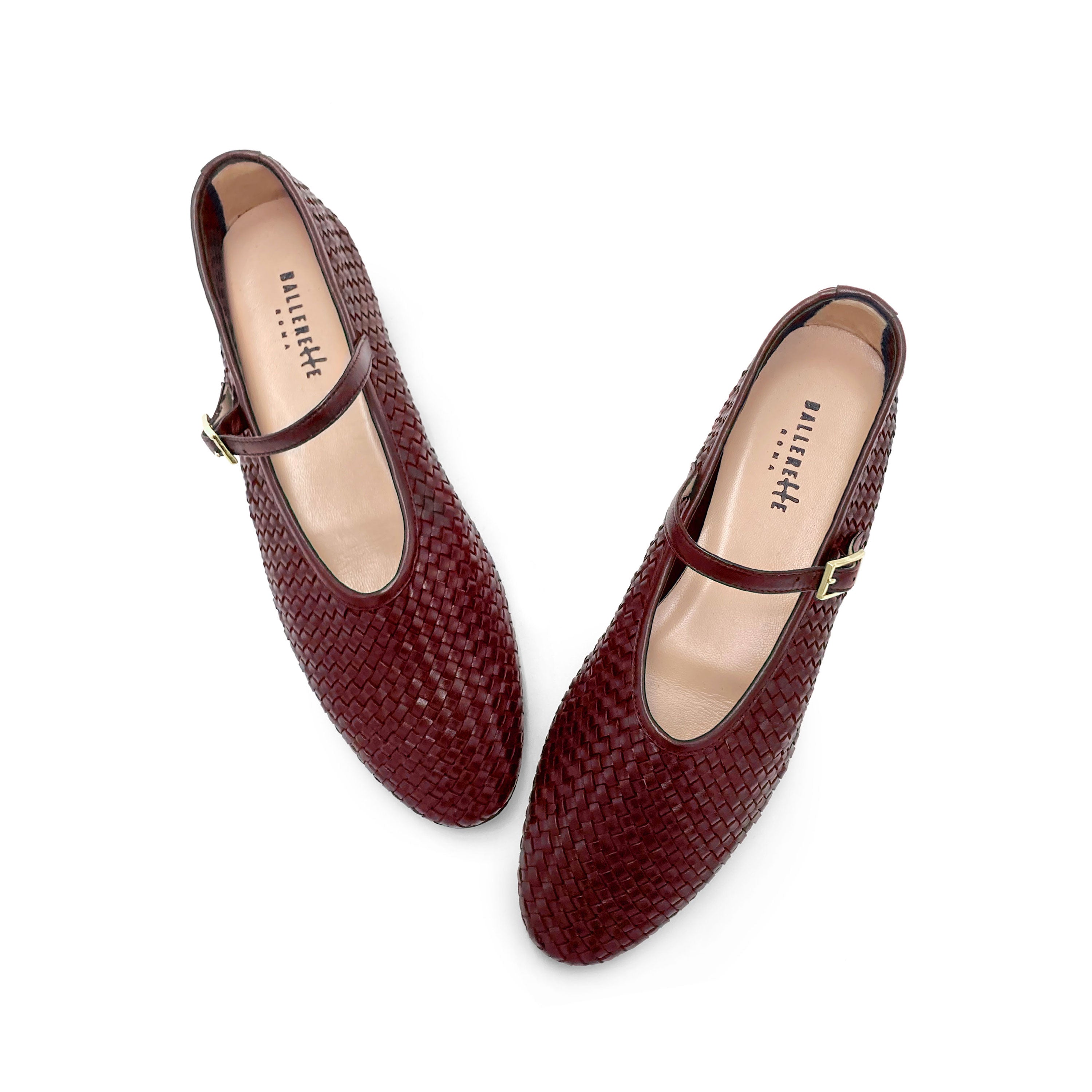 Burgundy high cut handwoven leather ballet flats with strap