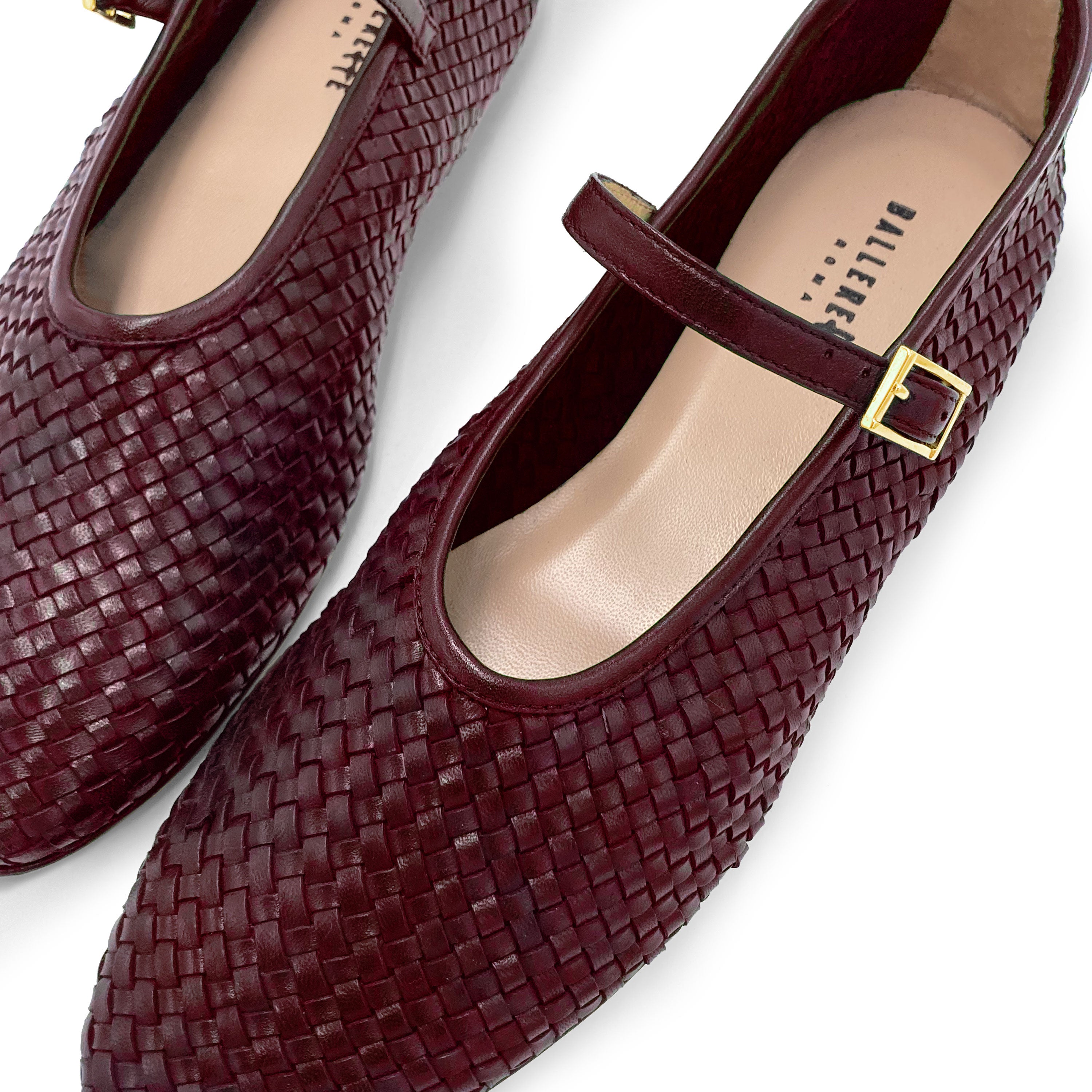 Burgundy high cut handwoven leather ballet flats with strap