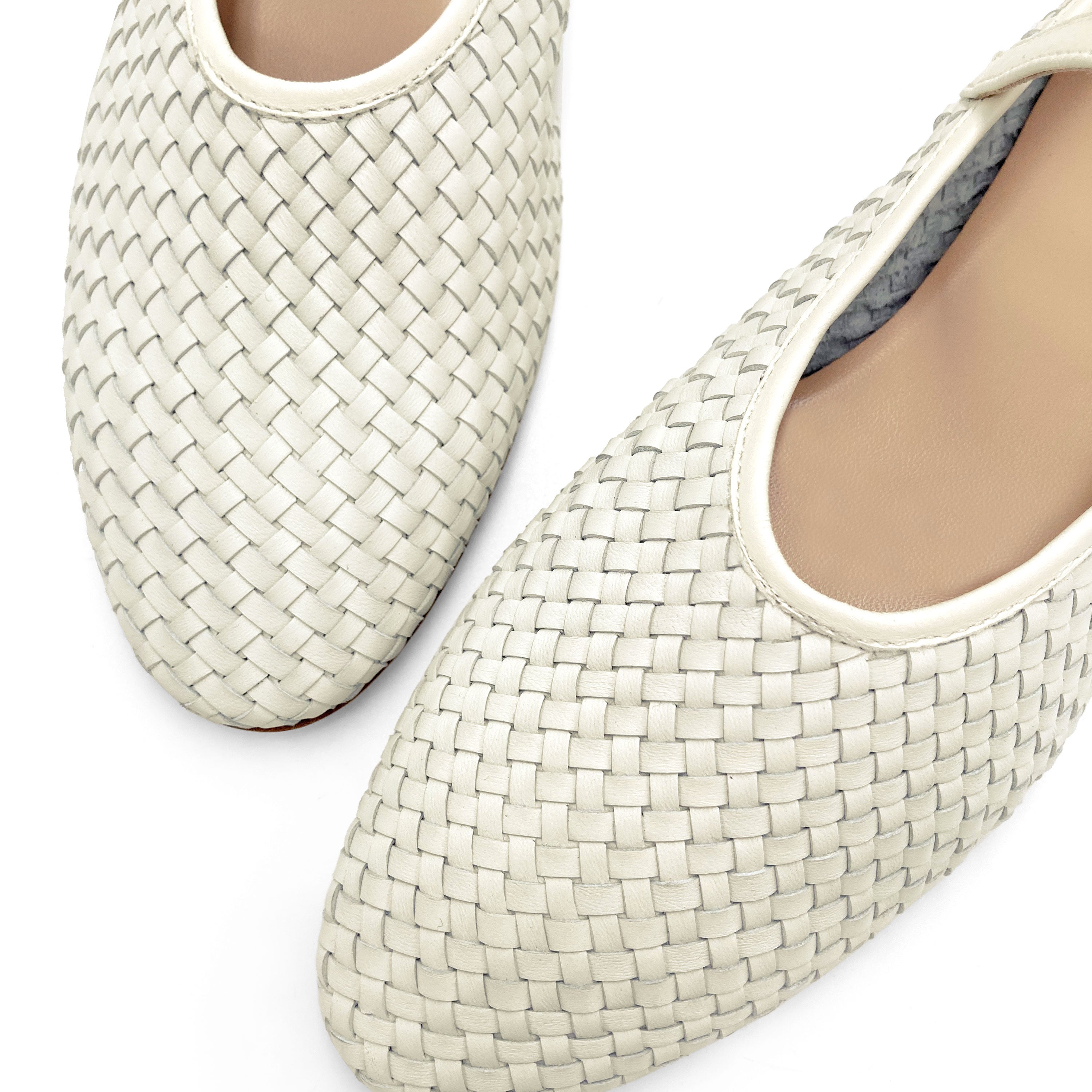White high cut handwoven leather ballet flats with strap