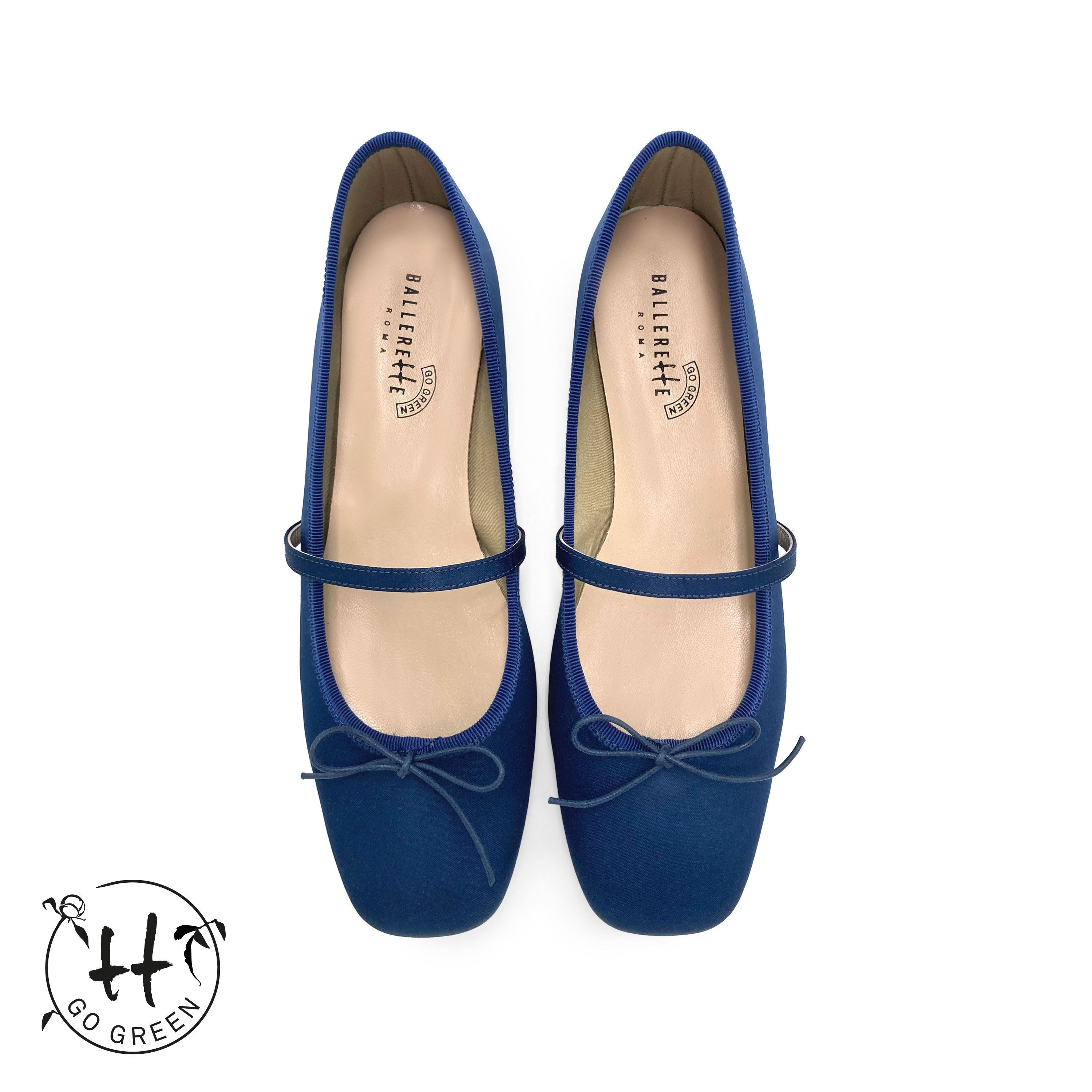 TT Go Green collection blue satin Mary Jane ballet flats in eco fabric
