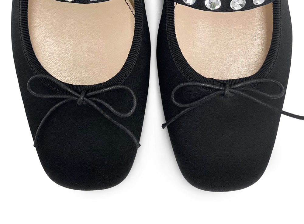 TT Go Green Collection black satin Mary Jane ballet flats in eco fabric with jewel strap