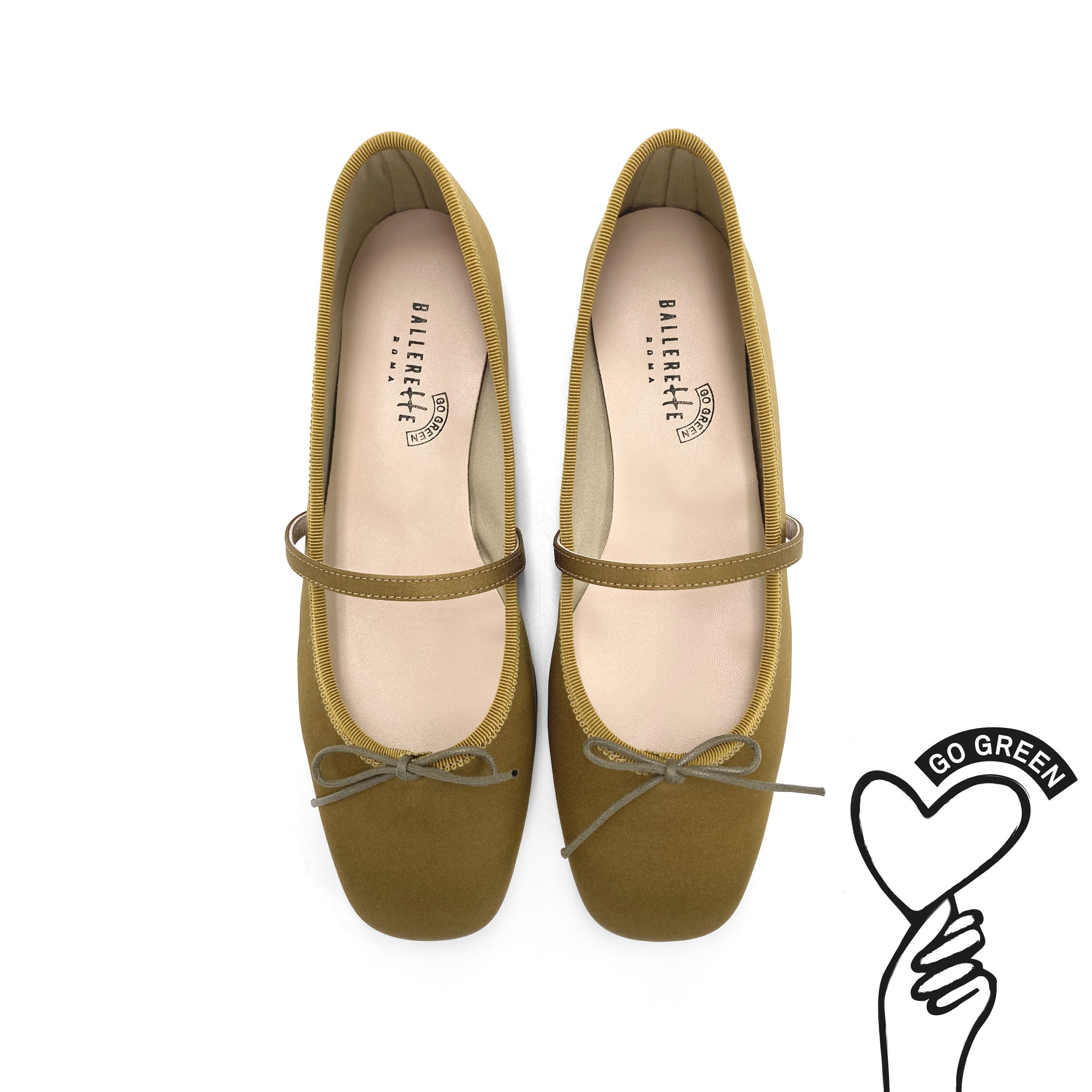 TT Go Green Collection mustard-brown satin Mary Jane ballet flats in eco fabric