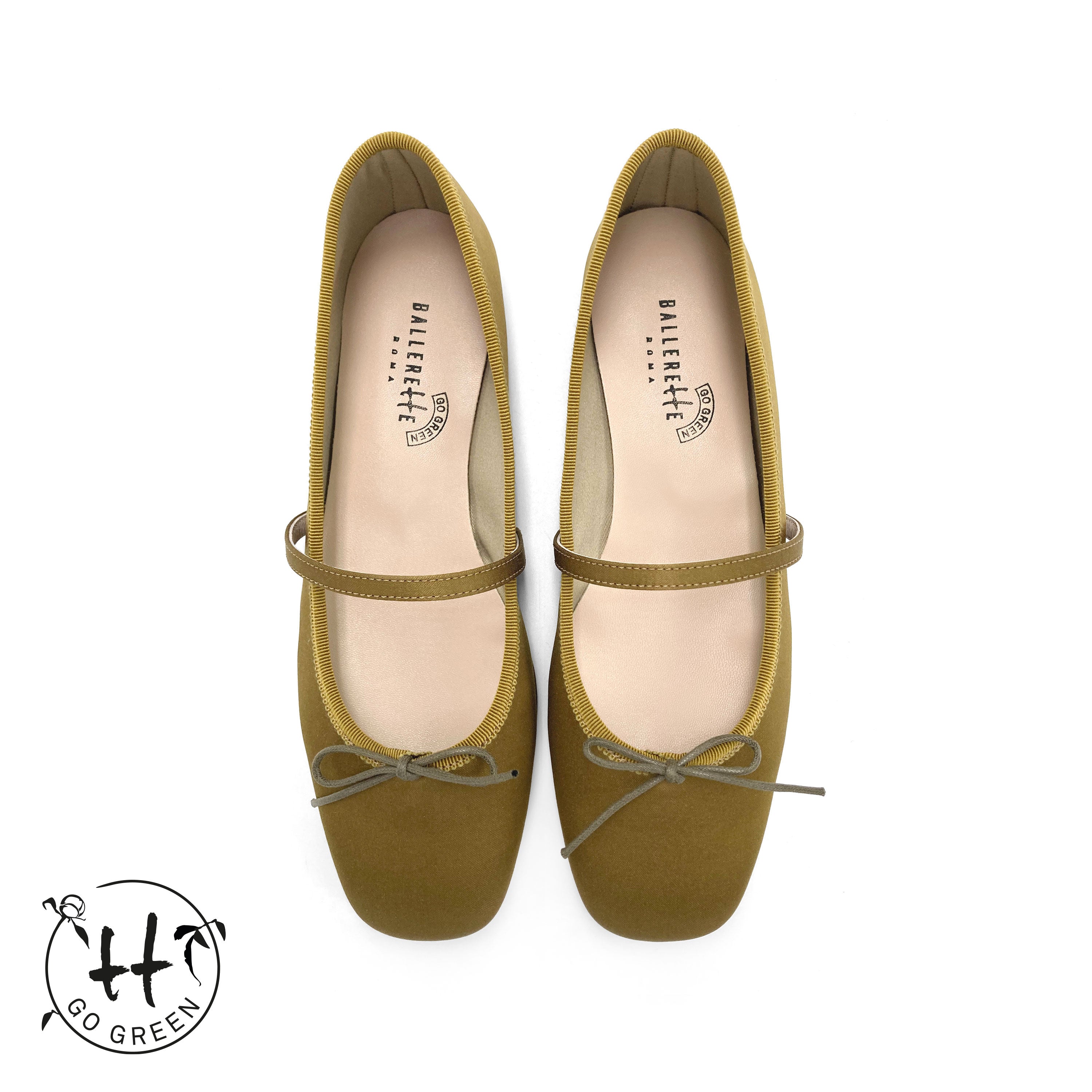 TT Go Green Collection mustard-brown satin Mary Jane ballet flats in eco fabric