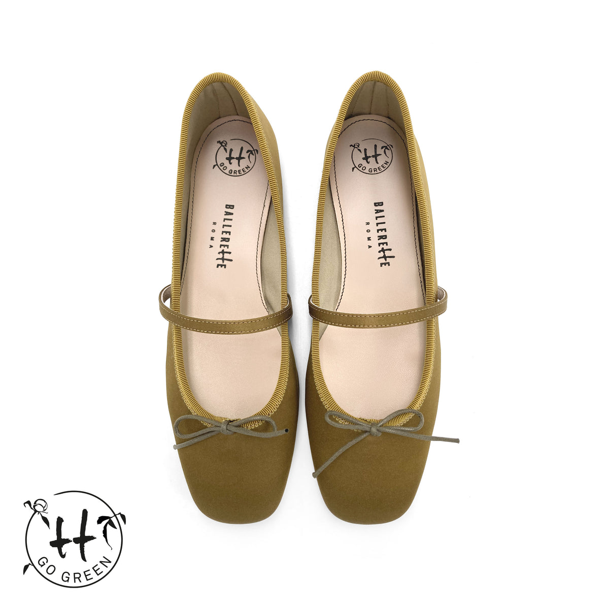 TT Go Green Collection mustard-brown satin Mary Jane ballet flats in eco fabric