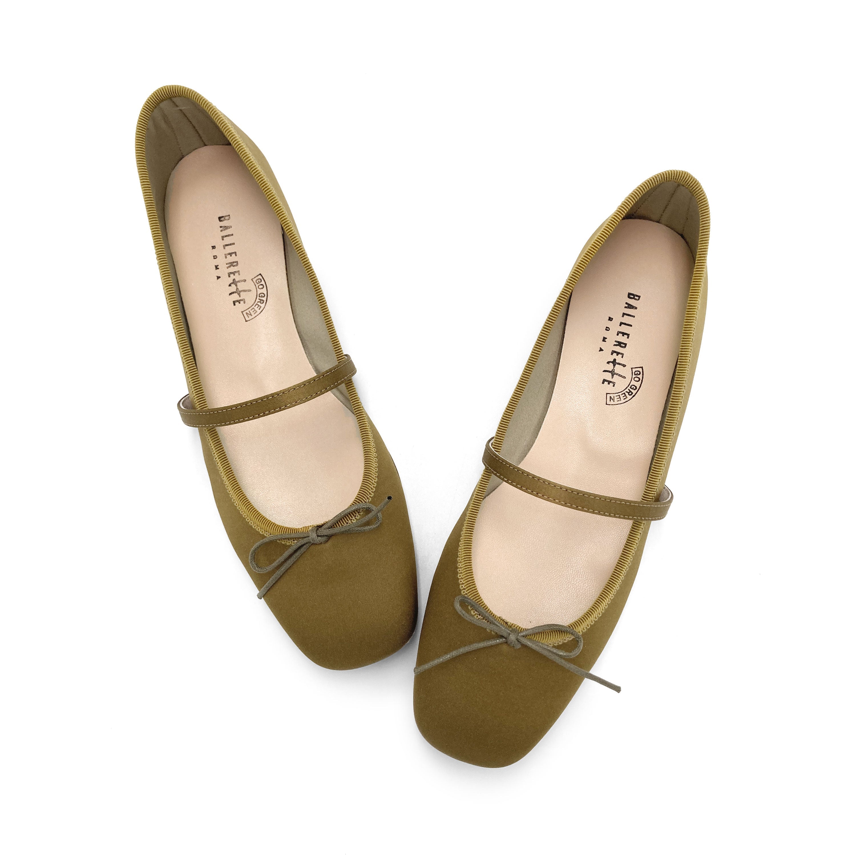 TT Go Green Collection mustard-brown satin Mary Jane ballet flats in eco fabric