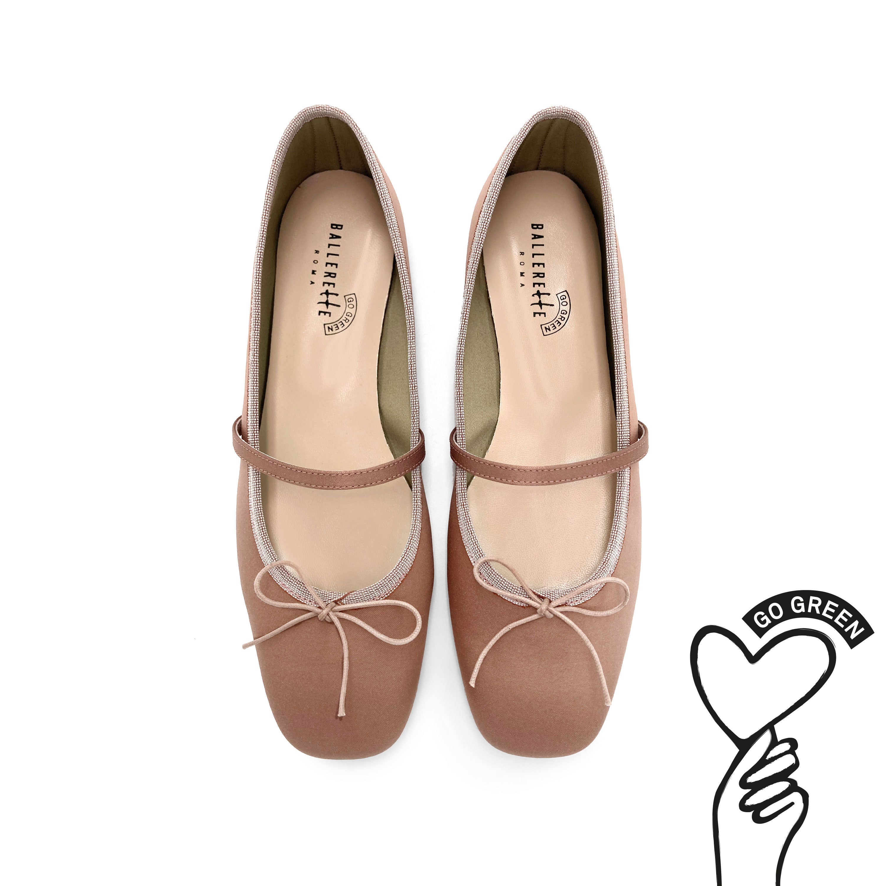 TT Go Green collection antique pink satin Mary Jane ballet flats in eco fabric