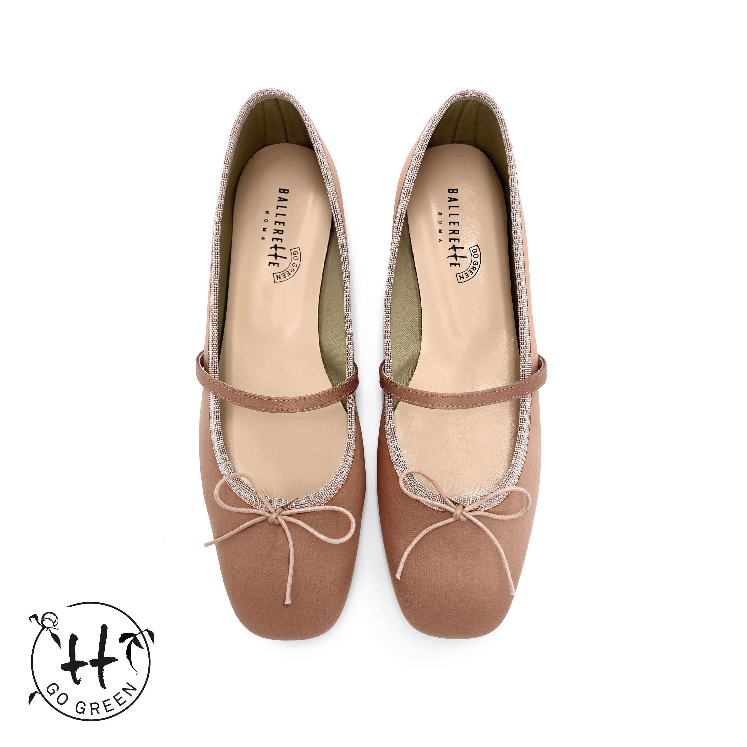 TT Go Green collection antique pink satin Mary Jane ballet flats in eco fabric