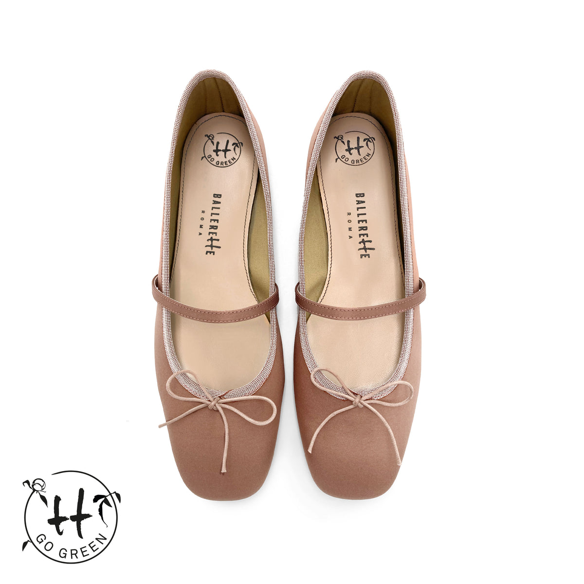 TT Go Green collection antique pink satin Mary Jane ballet flats in eco fabric
