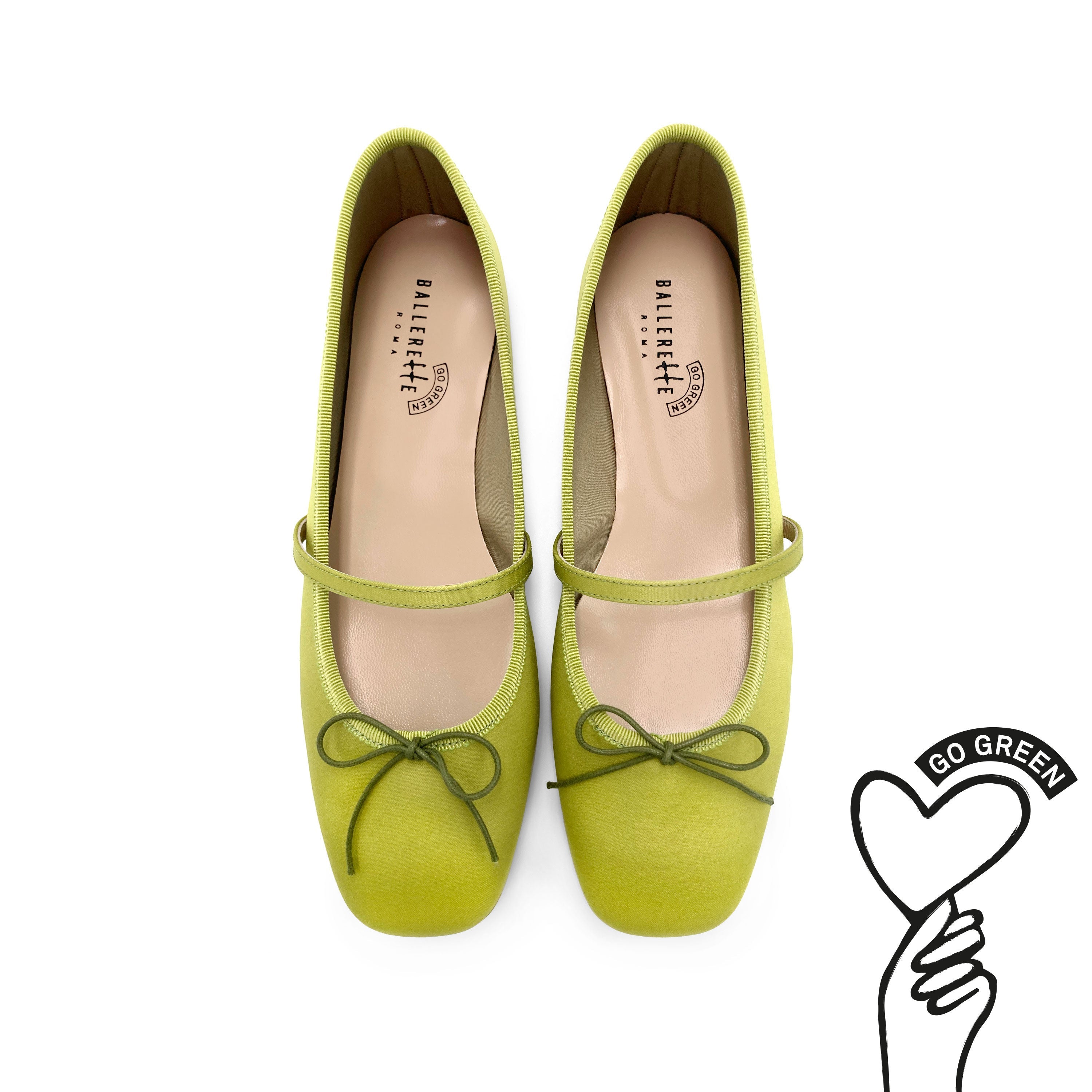TT Go Green collection lime green satin Mary Jane ballet flats in eco fabric
