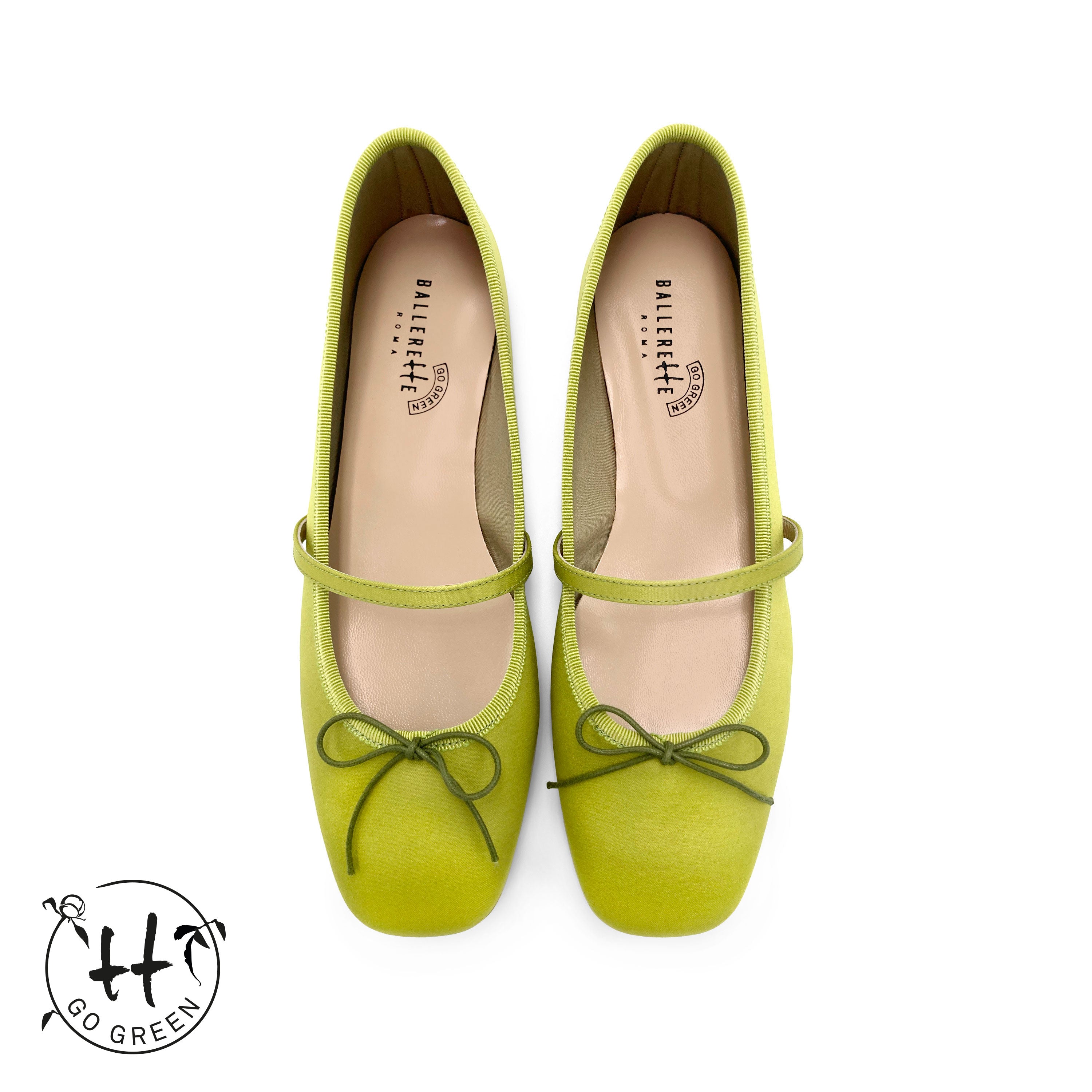 TT Go Green collection lime green satin Mary Jane ballet flats in eco fabric