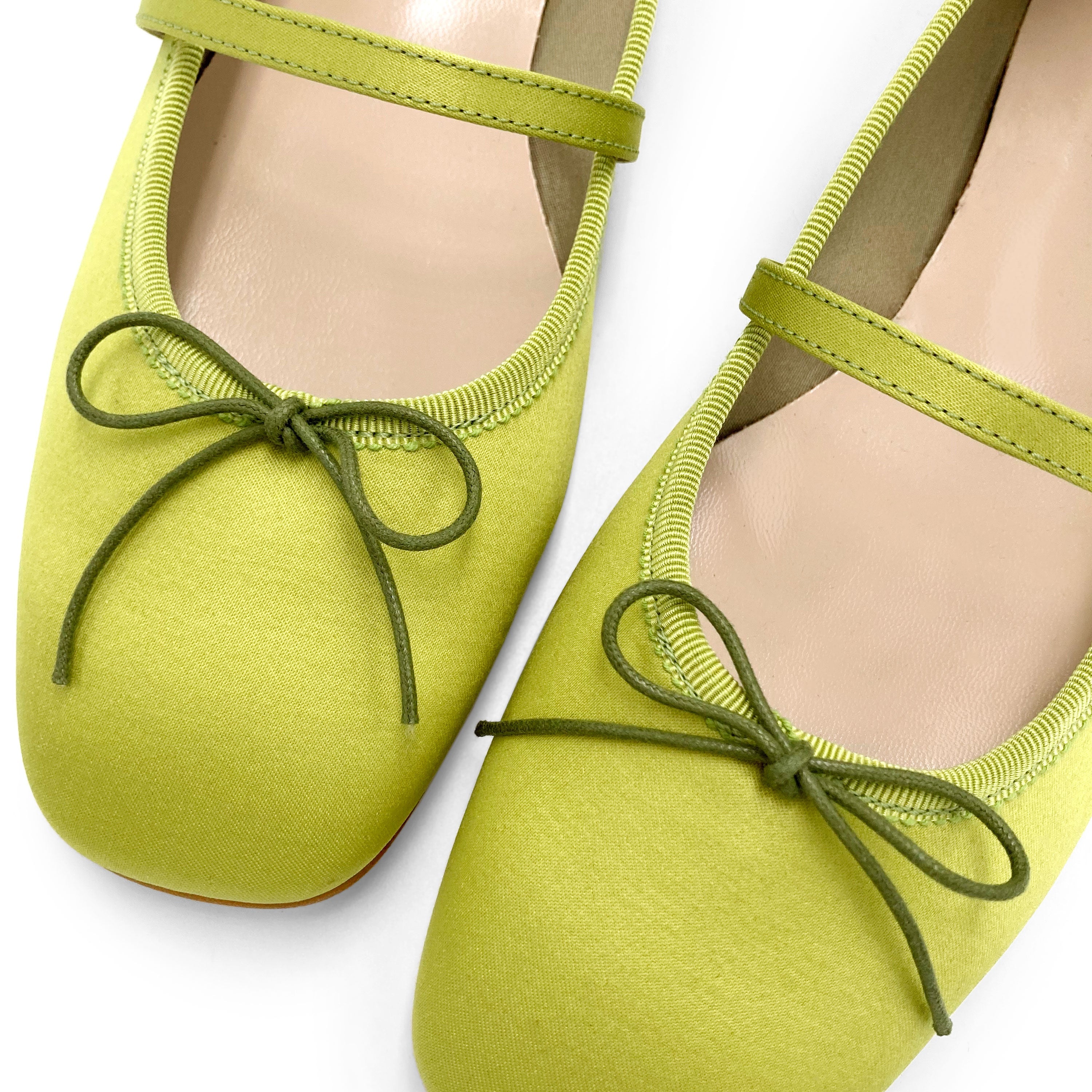 TT Go Green collection lime green satin Mary Jane ballet flats in eco fabric