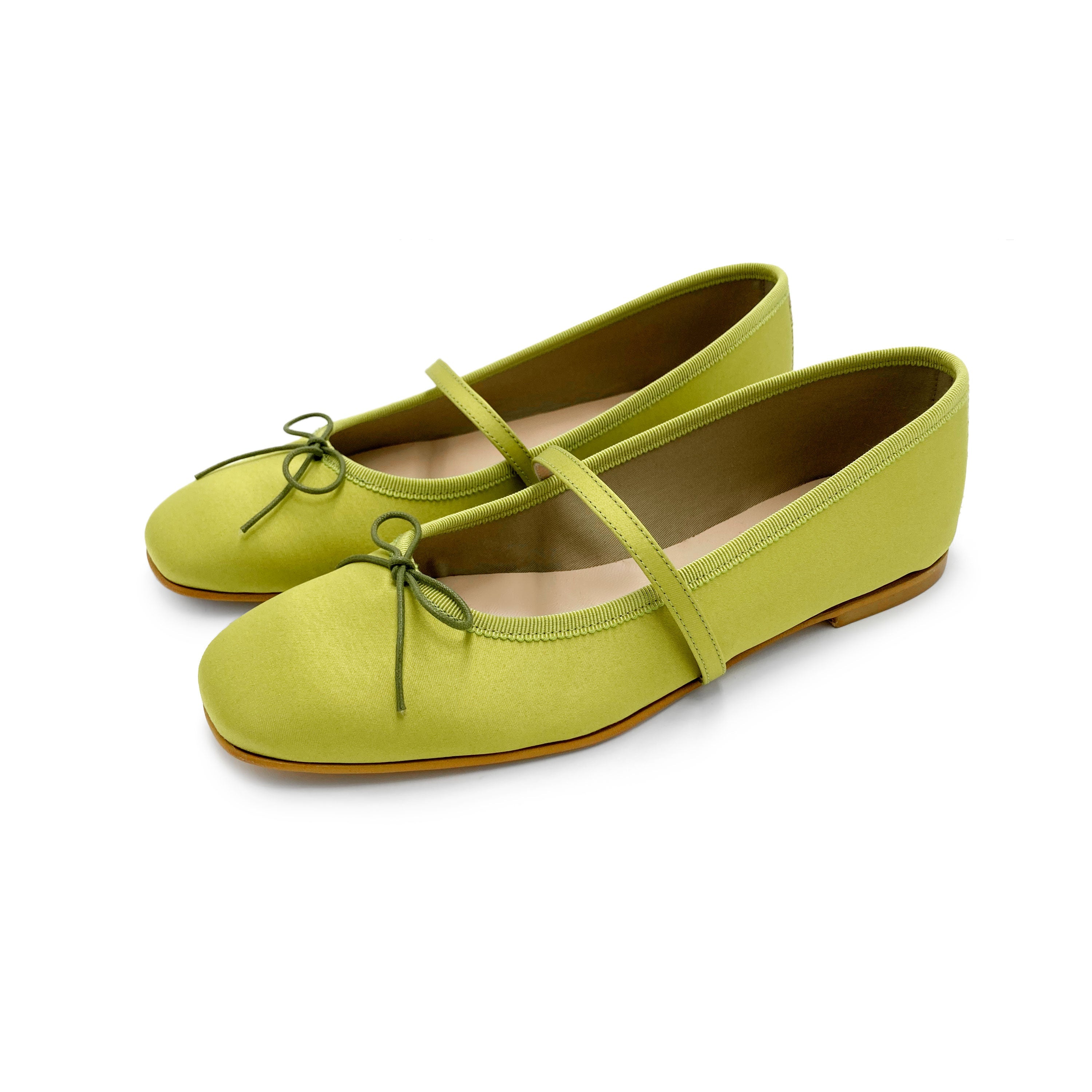 TT Go Green collection lime green satin Mary Jane ballet flats in eco fabric