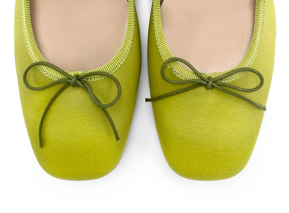 TT Go Green collection lime green satin Mary Jane ballet flats in eco fabric