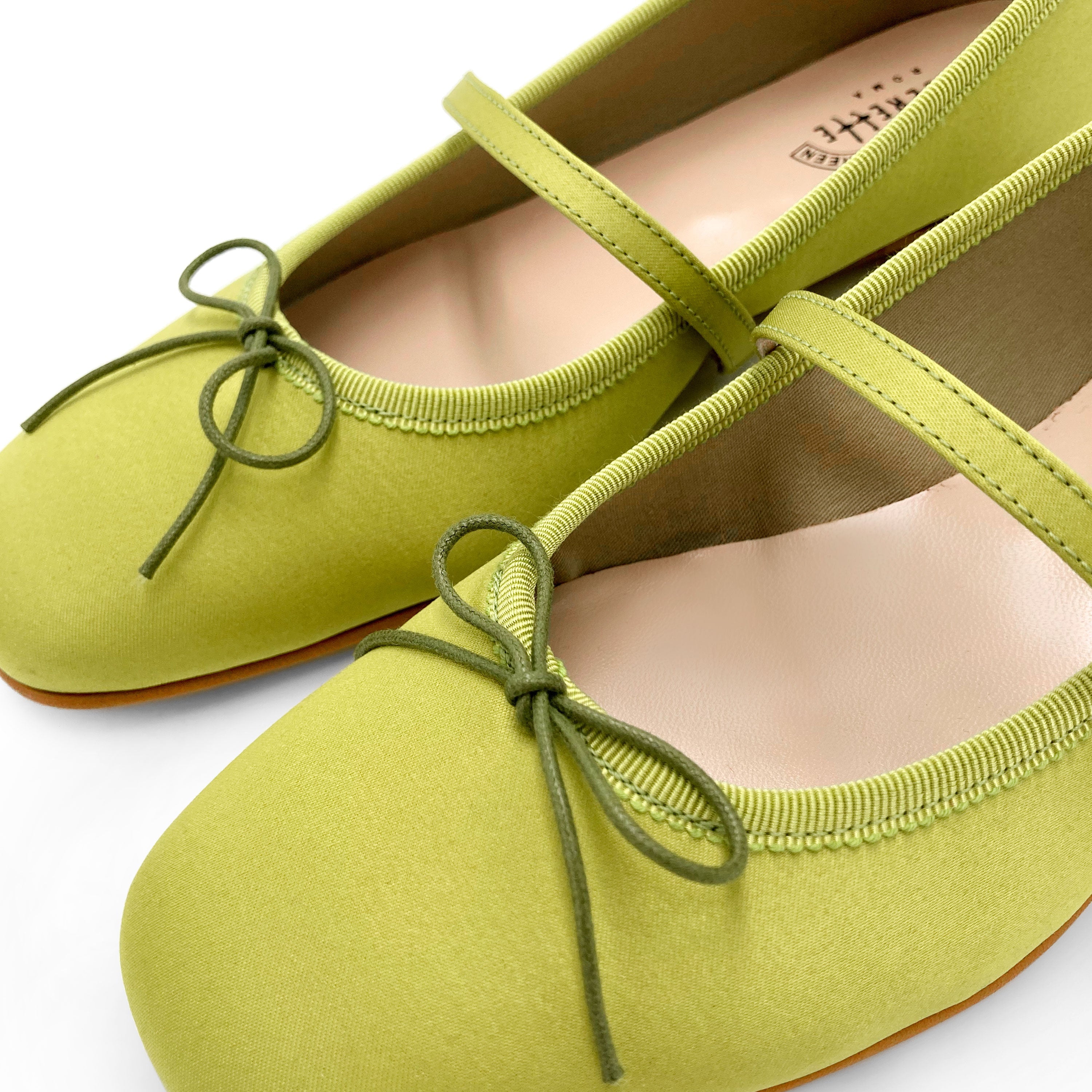 TT Go Green collection lime green satin Mary Jane ballet flats in eco fabric