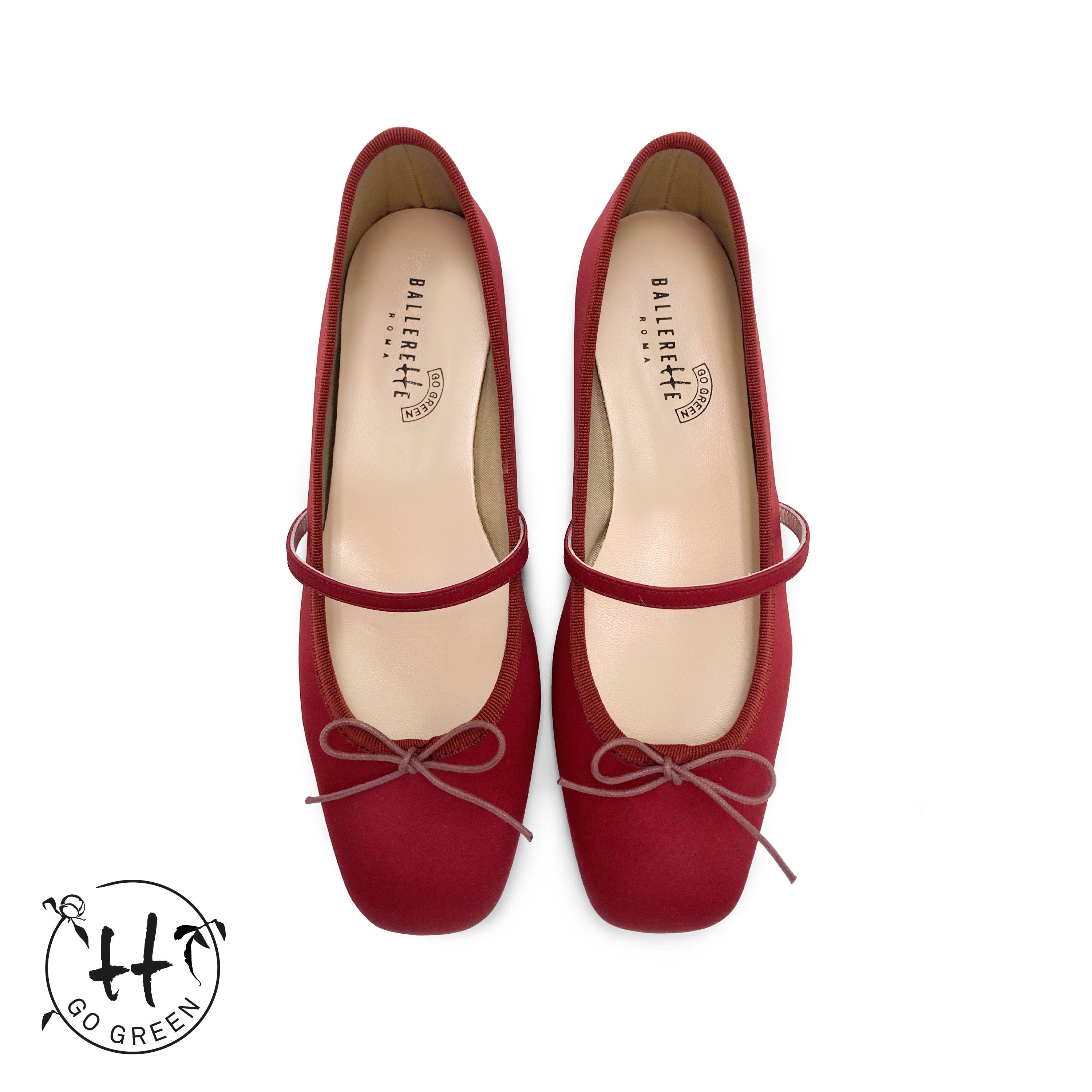 TT Go Green collection burgundy satin Mary Jane ballet flats in eco fabric