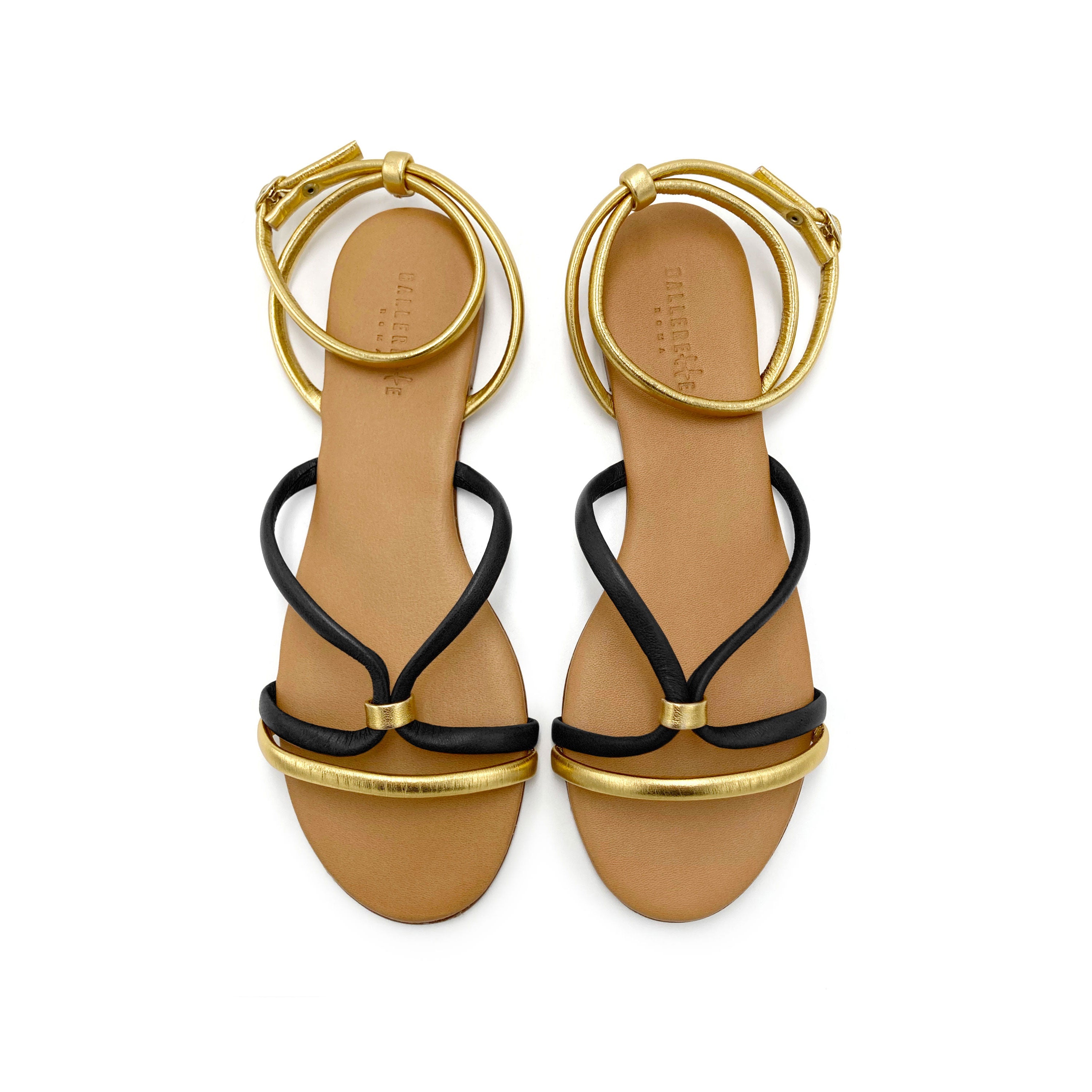 Anckle strap women flat sandals in black and gold leather
