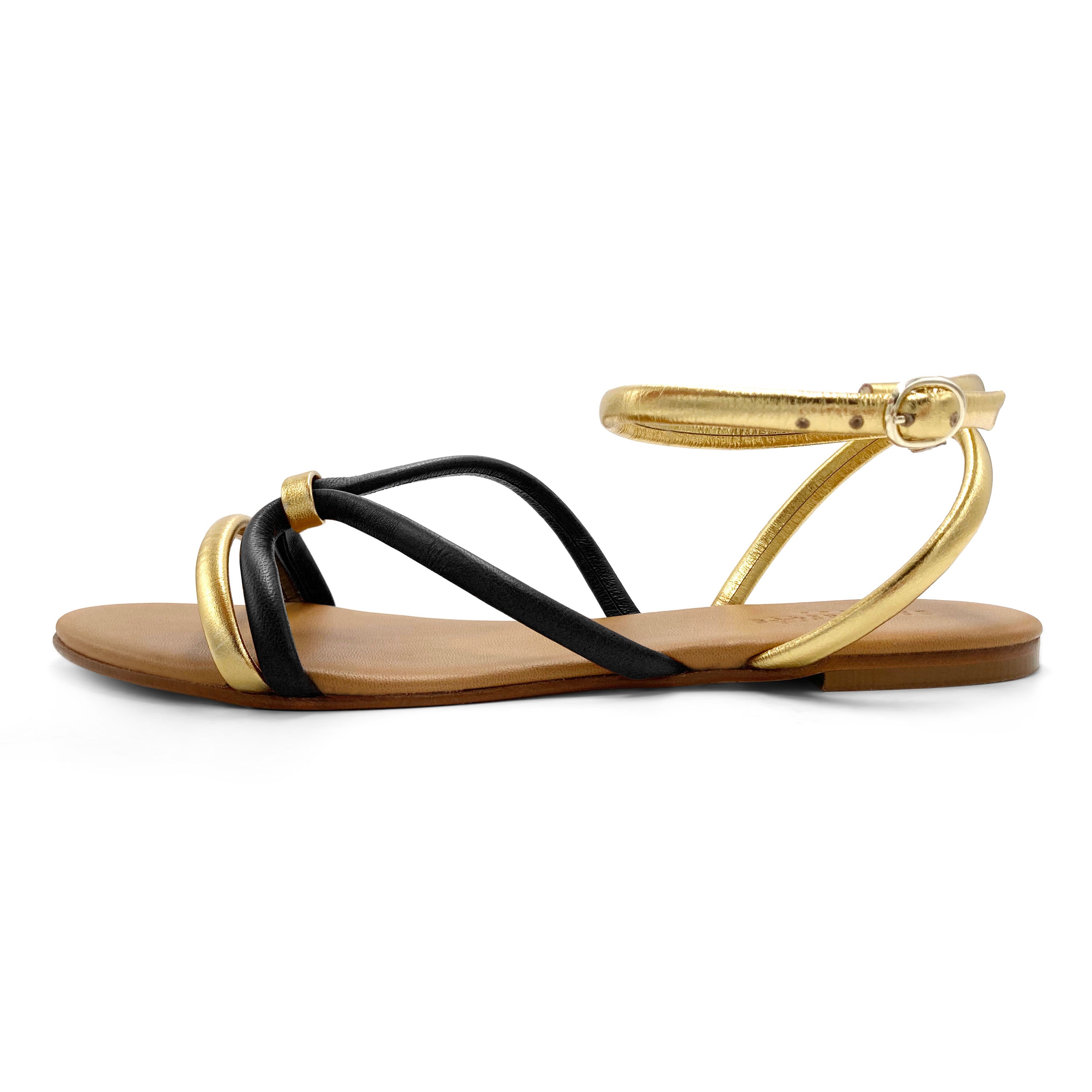 Anckle strap women flat sandals in black and gold leather