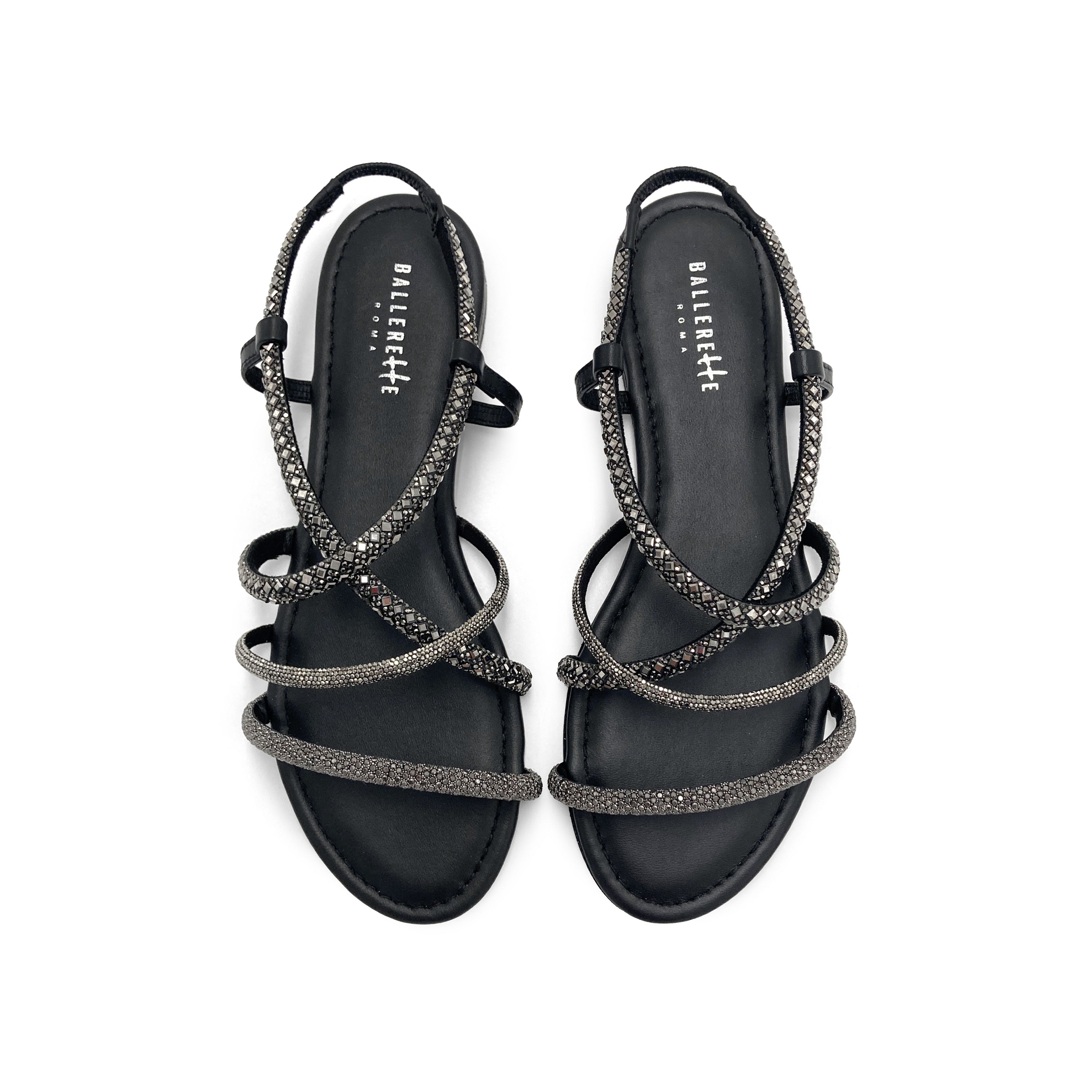 Iron-grey jeweled sandals with rhinestones