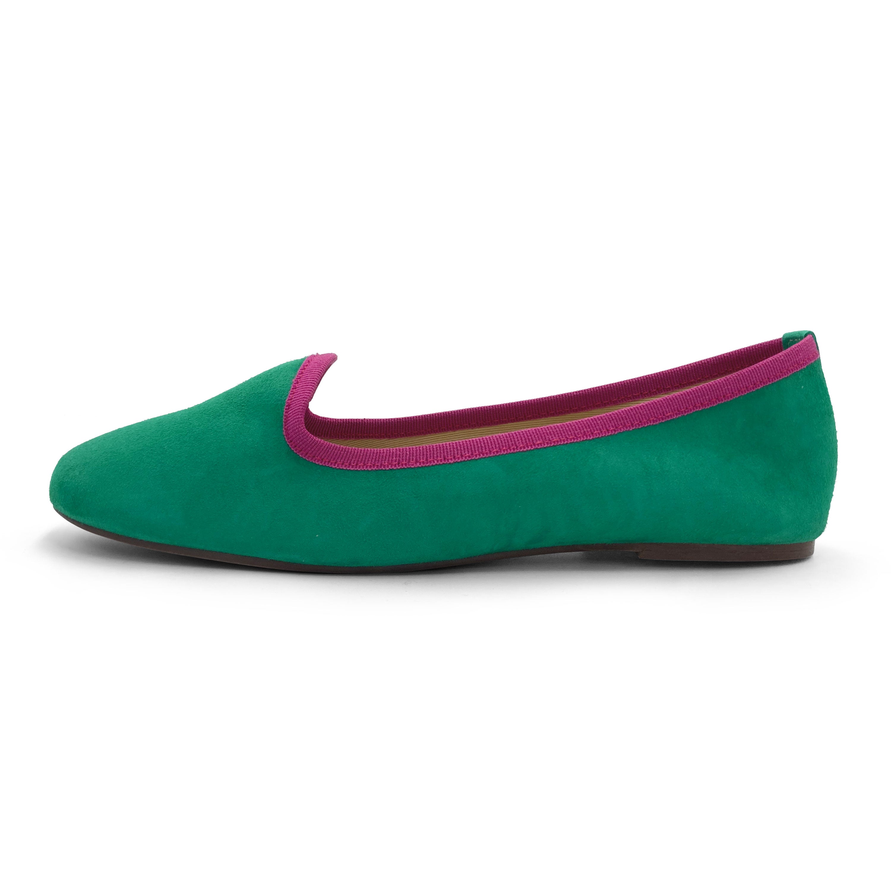 Women's emerald green suede loafers with fuchsia details