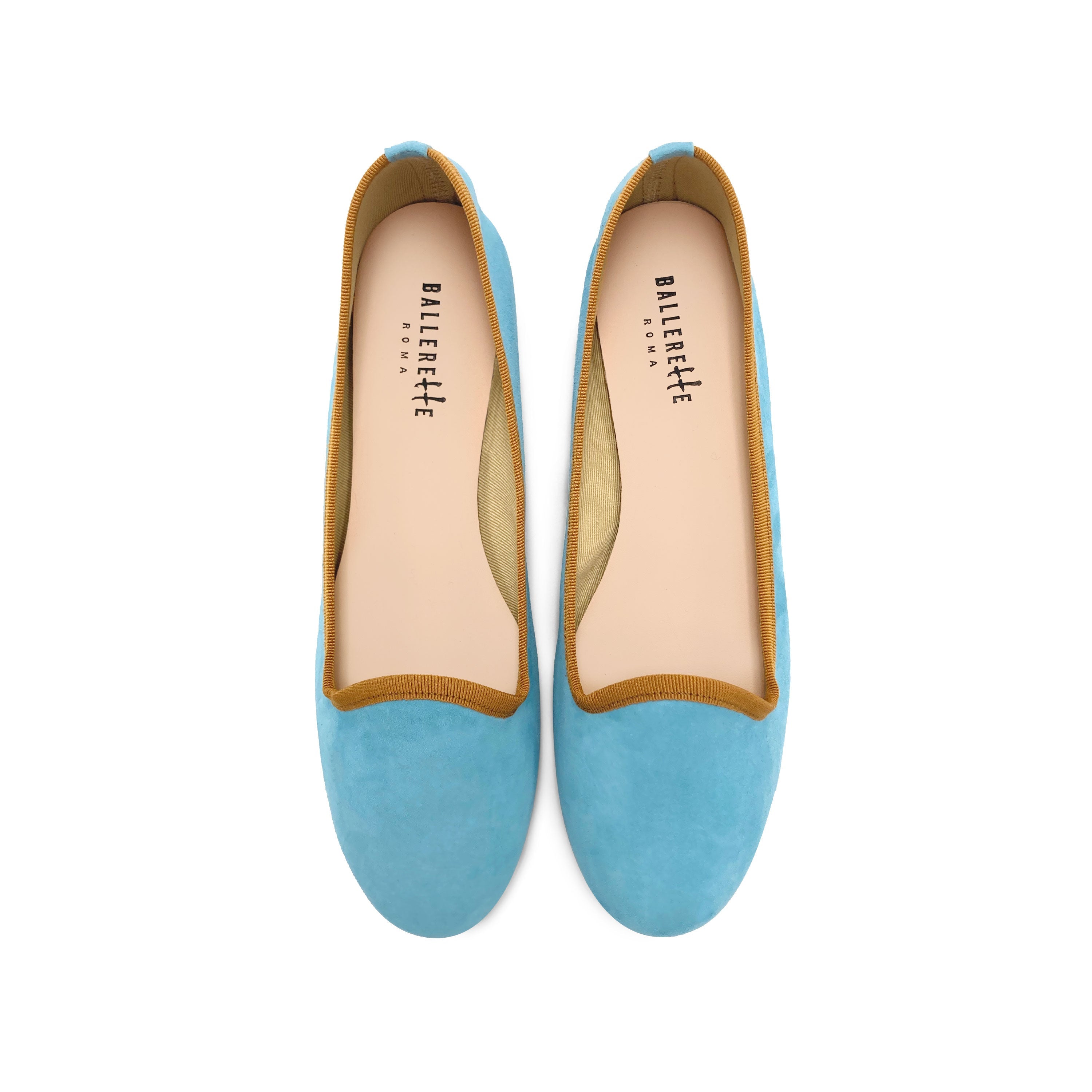 Women's aqua blue suede loafers with ochre details