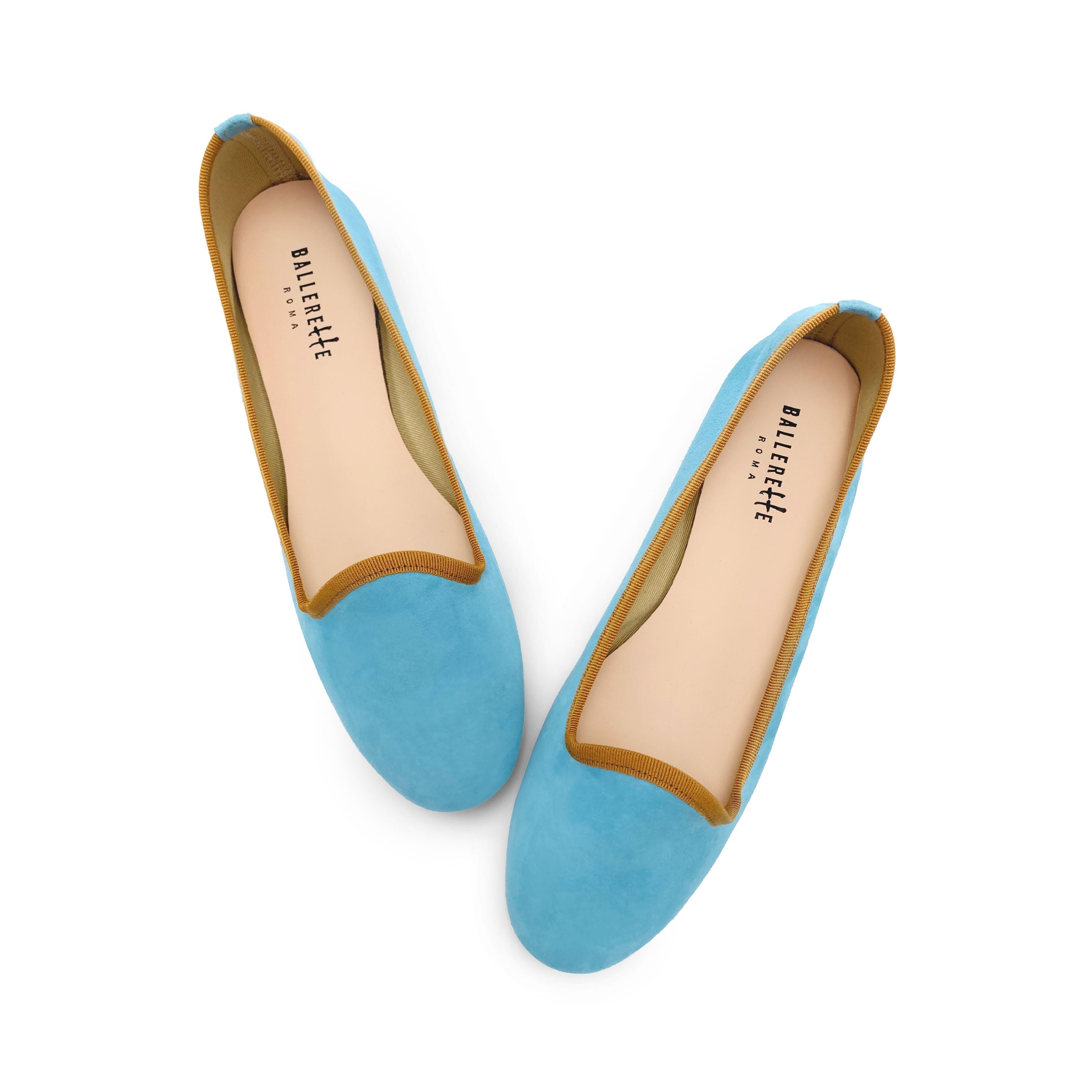 Women's aqua blue suede loafers with ochre details